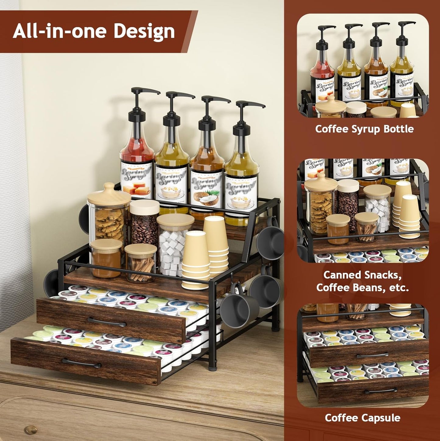 Coffee Syrup Rack Organizer - 4-Tier 8 Syrup Wine Bottles Stand with 82 Storage Drawer for K Cups, Coffee Pod Holder for Countertop, Bar Station, Kitchen, Rustic Brown