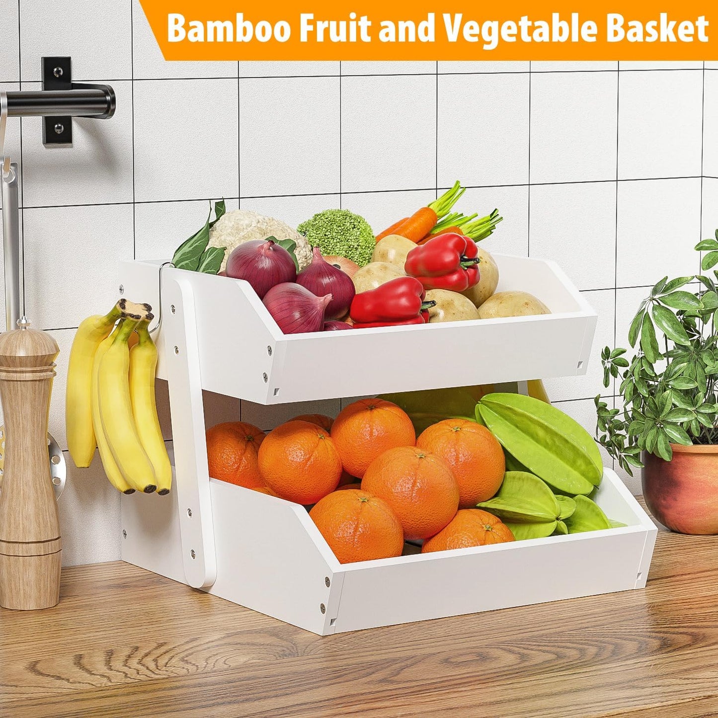 Bamboo Fruit Basket for Kitchen - 2 Tier Fruit Bowl, Large Holder With Banana Hangers, Idea For Vegetable Storage, Bread Display, Snack Organizer (White)