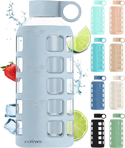 purifyou 40oz / 32oz / 22oz / 12oz Borosilicate Glass Water Bottle with Time & Volume Markers, Silicone Sleeve, Stainless Steel Lid – Reusable Glass Bottle for Water & Juice (22oz Ice Blue)