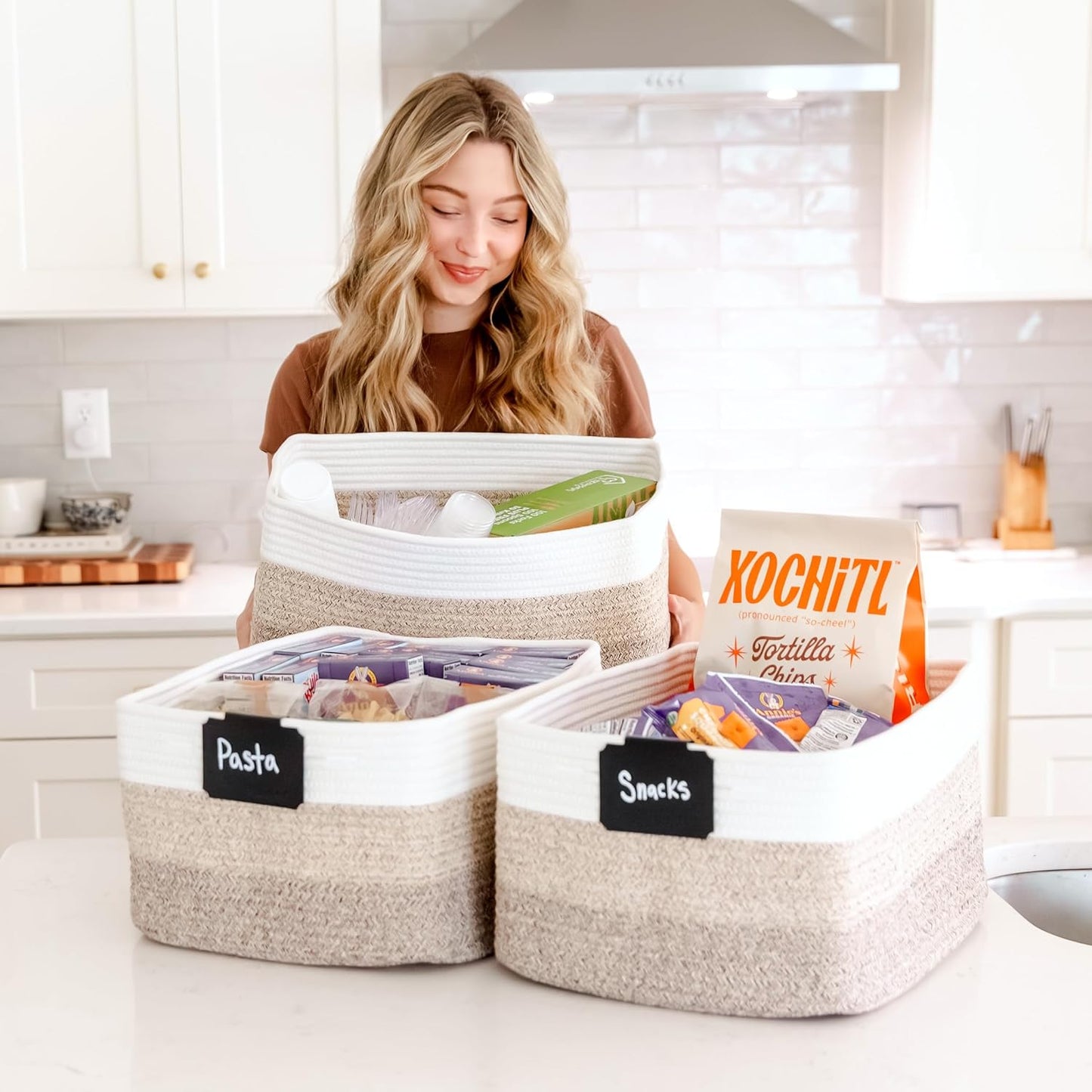 NaturalCozy Storage Baskets 16.8”x13”x7.6” Cotton Rope Woven Baskets for Organizing 3-Pack | Toy Storage Bins | Basket for Shelves, Laundry, Blanket, Clothes, Closet, Kitchen, Bathroom, Gifts