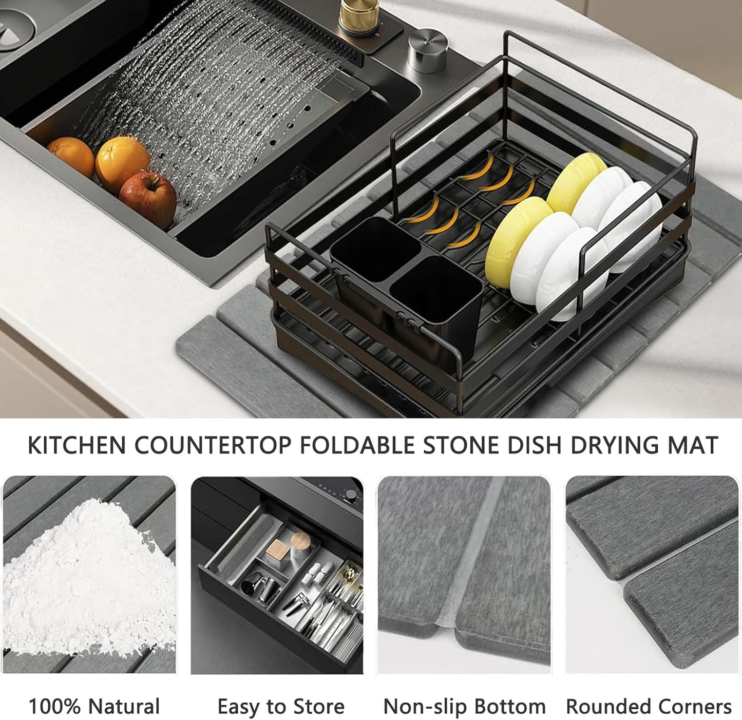 Stone Drying Mat for Kitchen Counter, Stone Dish Drying Mat Foldable, Super Absorbent Diatomaceous Earth Quick-drying Draining Mat for any Kitchen Countertop (Dark Gray B, 23.6”x15.4”)