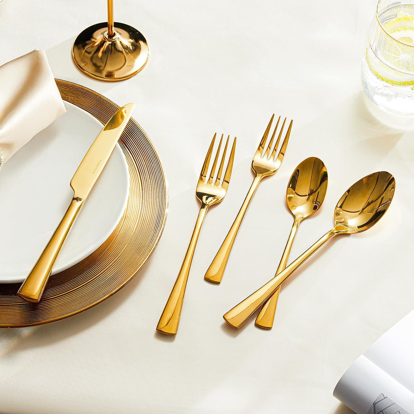 KINGSTONE Silverware Set for 12, 60-Piece Forged 18/10 Stainless Steel Flatware Set, Mirror Finish Cutlery Set Dishwasher Safe for Home, Restaurant, Wedding, Party, Gold