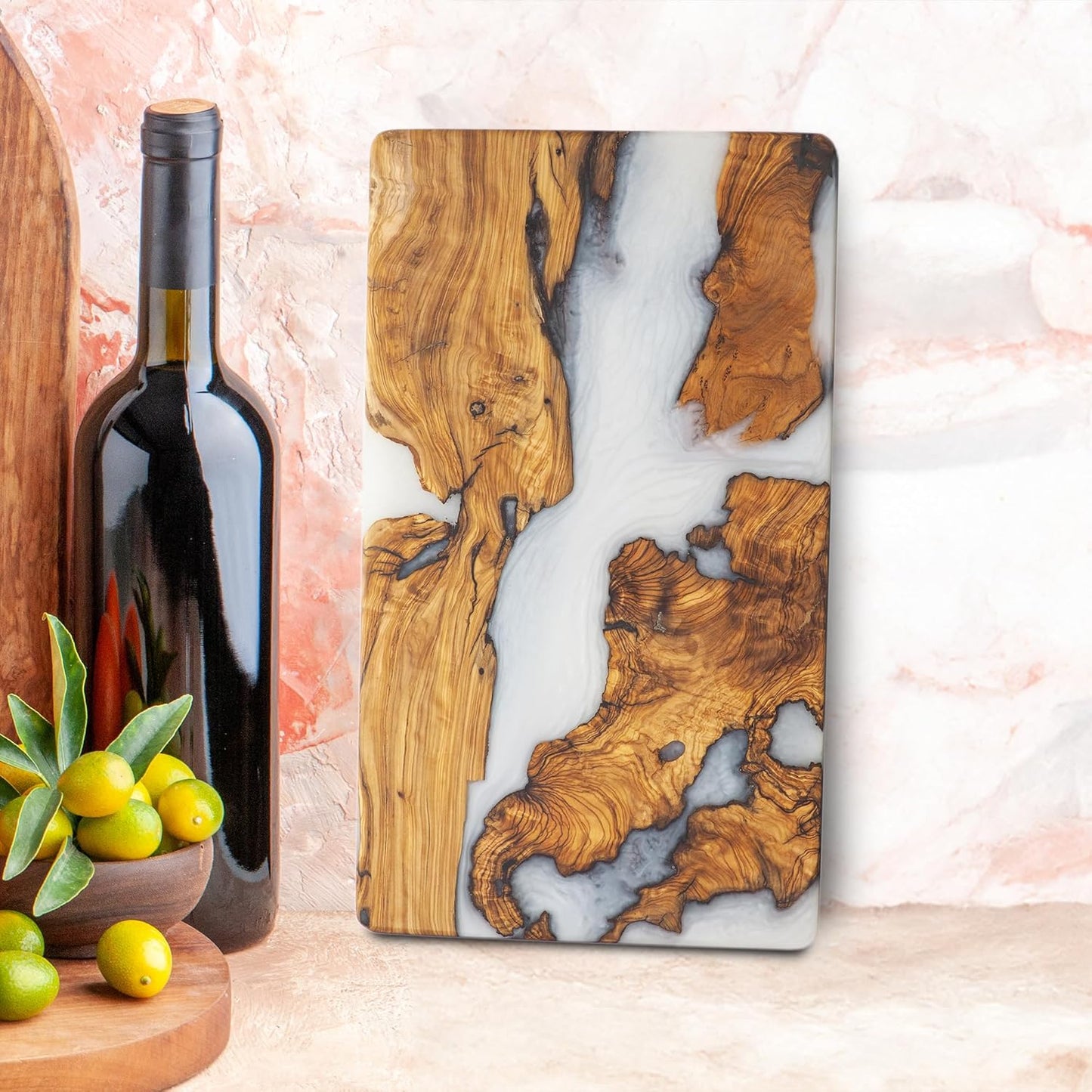 Handmade Charcuterie & Cutting Board - Decorative, Olive Wood Boards for Serving Cheese, Fruit, Meat - Ideal Kitchen, Unique Housewarming Gift - White Resin
