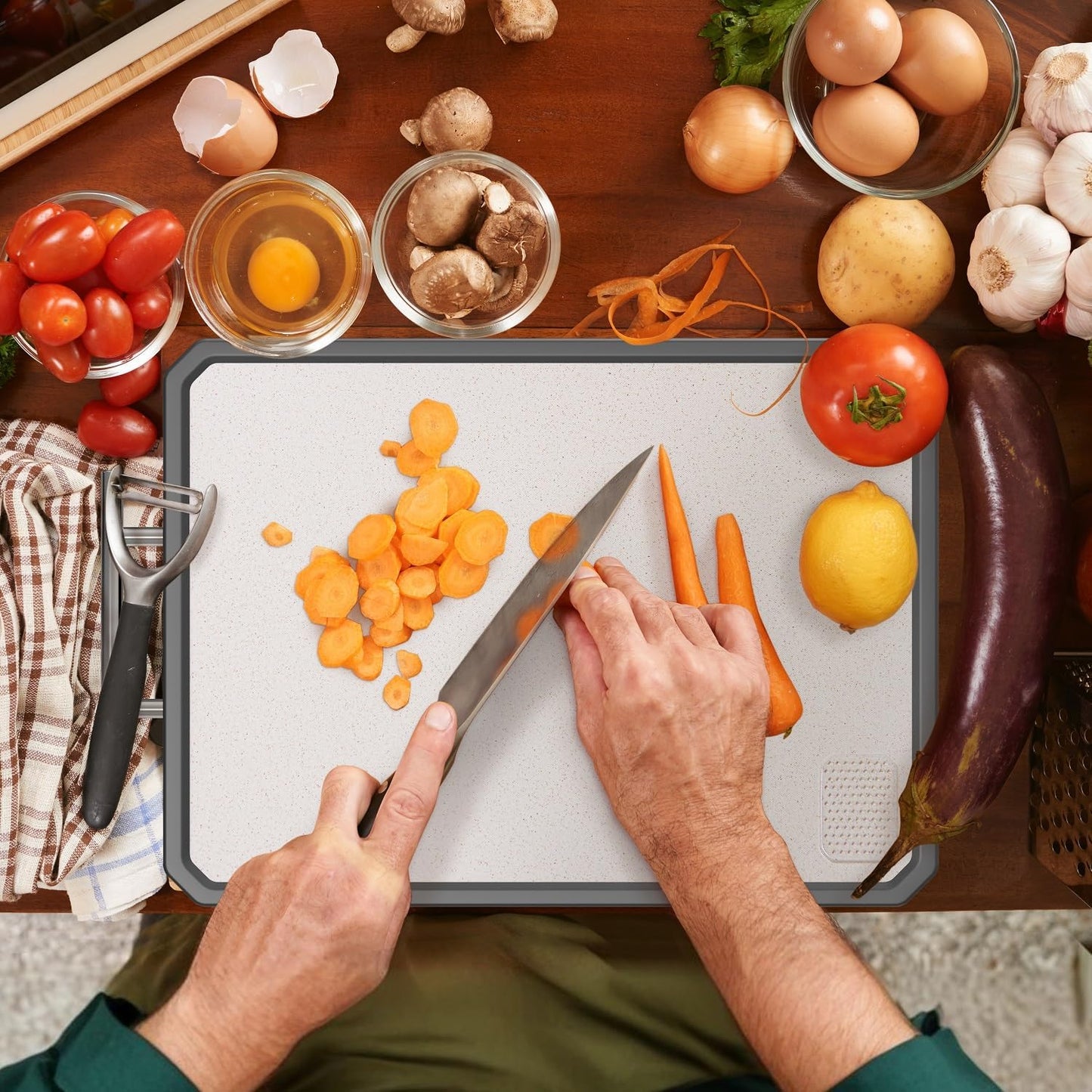 Stainless Steel Cutting Board, Scratch-resistant Cutting Board for Kitchen, 16 * 11 inch Double Sided Chopping Board, 304 Stainless Steel and Food-Grade Wheat Straw PP, Dishwasher Safe