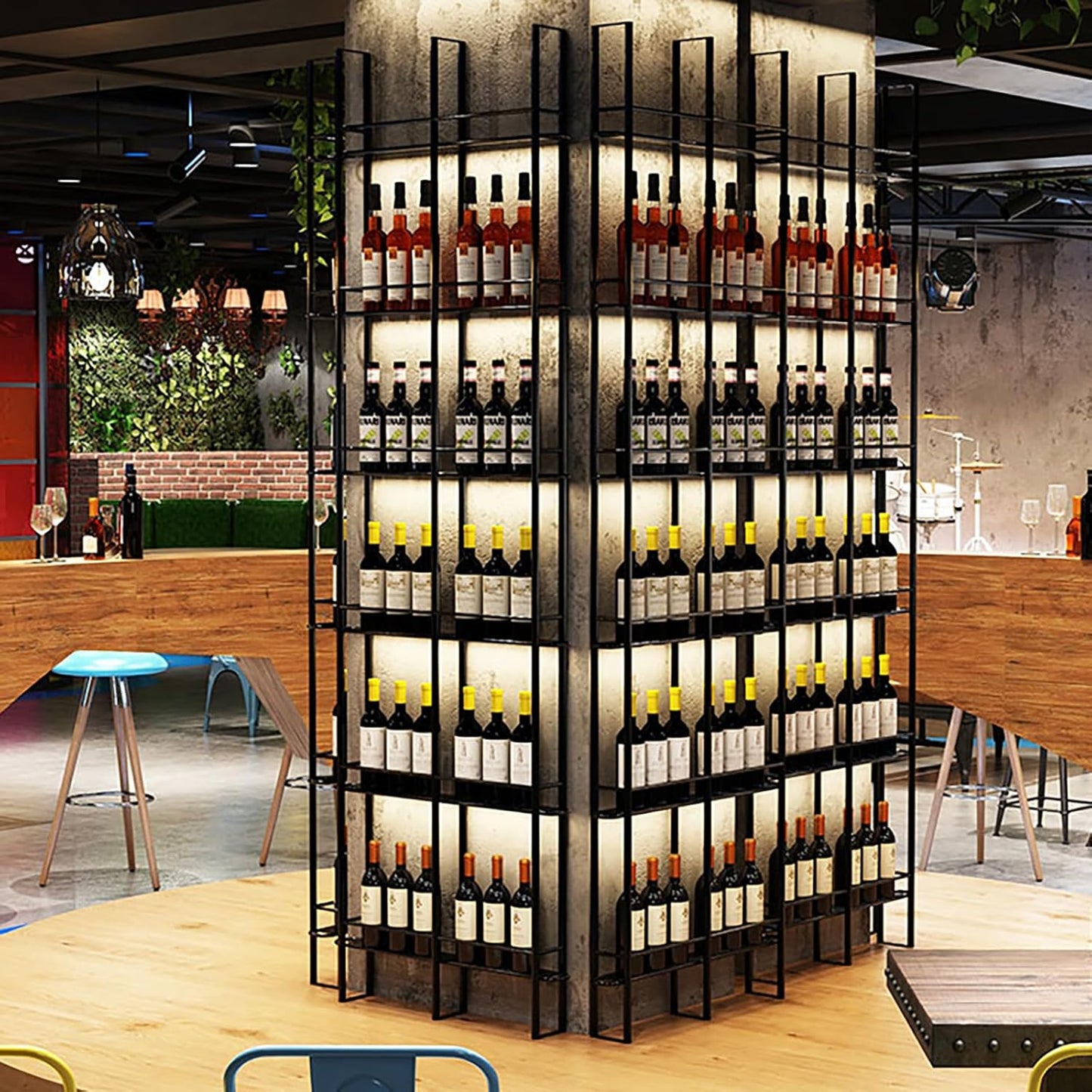 Wine Racks Wall Mounted, 6-Tier Wine Storage Holder, Black Industrial Bar Liquor Bottle Display Shelf, for Home Bar, Kitchen, Dining Rooms, & Wine Cellars (Black, 4 Column)