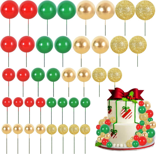 BEISHIDA 40 Pcs Ball Cake Toppers Mini Balls Cake Decorations Red Green Gold Silver Sticks Foam Balls DIY Cake Topper Insert Balls Cake Decorations for Baking Christmas Party Decorations