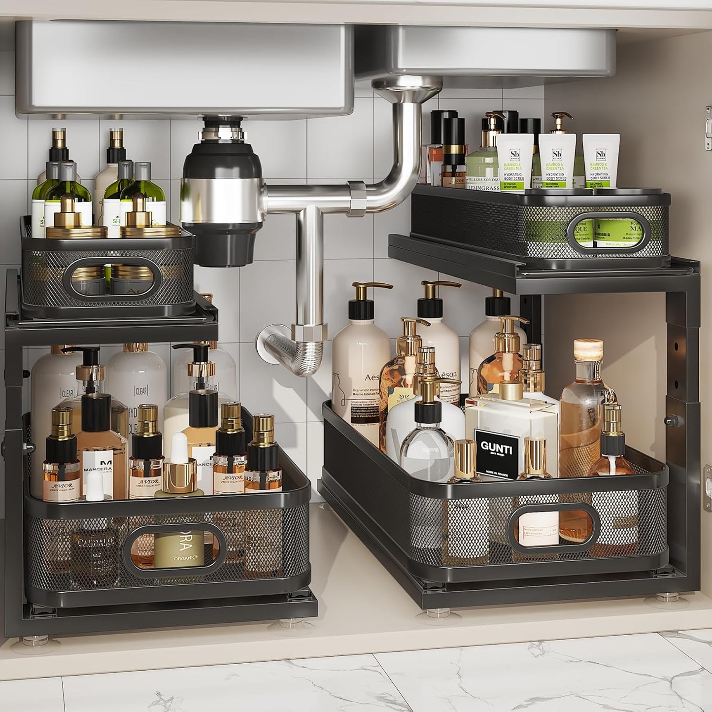 2 Pack 18.5IN-Depth Under Sink Organizer With Next-Gen Ball-Bearing Slides,2-Tier Precision Mesh Pull Out Cabinet Storage for Bathroom&Kitchen,Height Adjustable Drawers Shelf,Anti-rust-Black