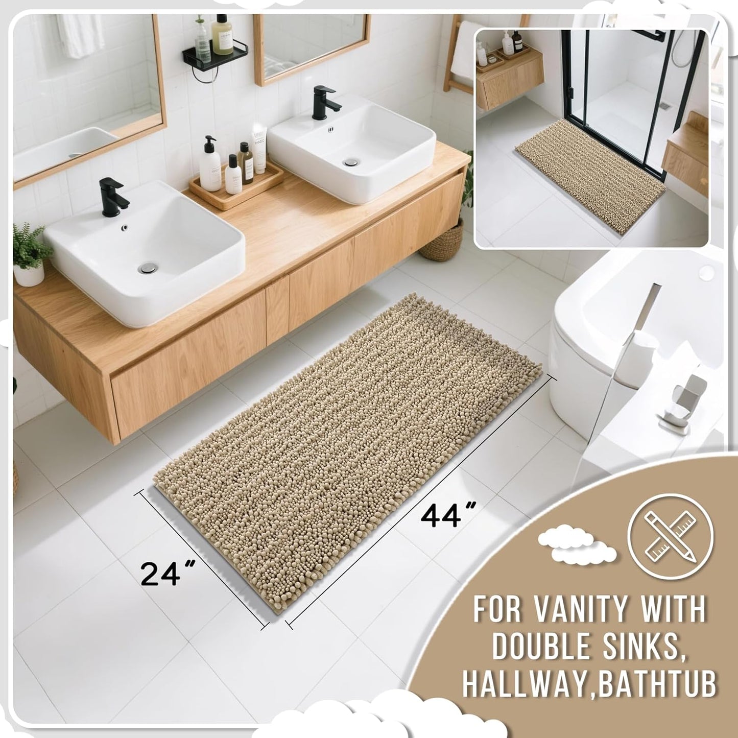 Yimobra Long Bathroom Rugs Non Slip Washable 44x24 Inch - Ultra Soft Absorbent Chenille Bath Mat, Quick Dry Shaggy Floor Carpet for Tub Shower, Pale Khaki Home Decor Accessories