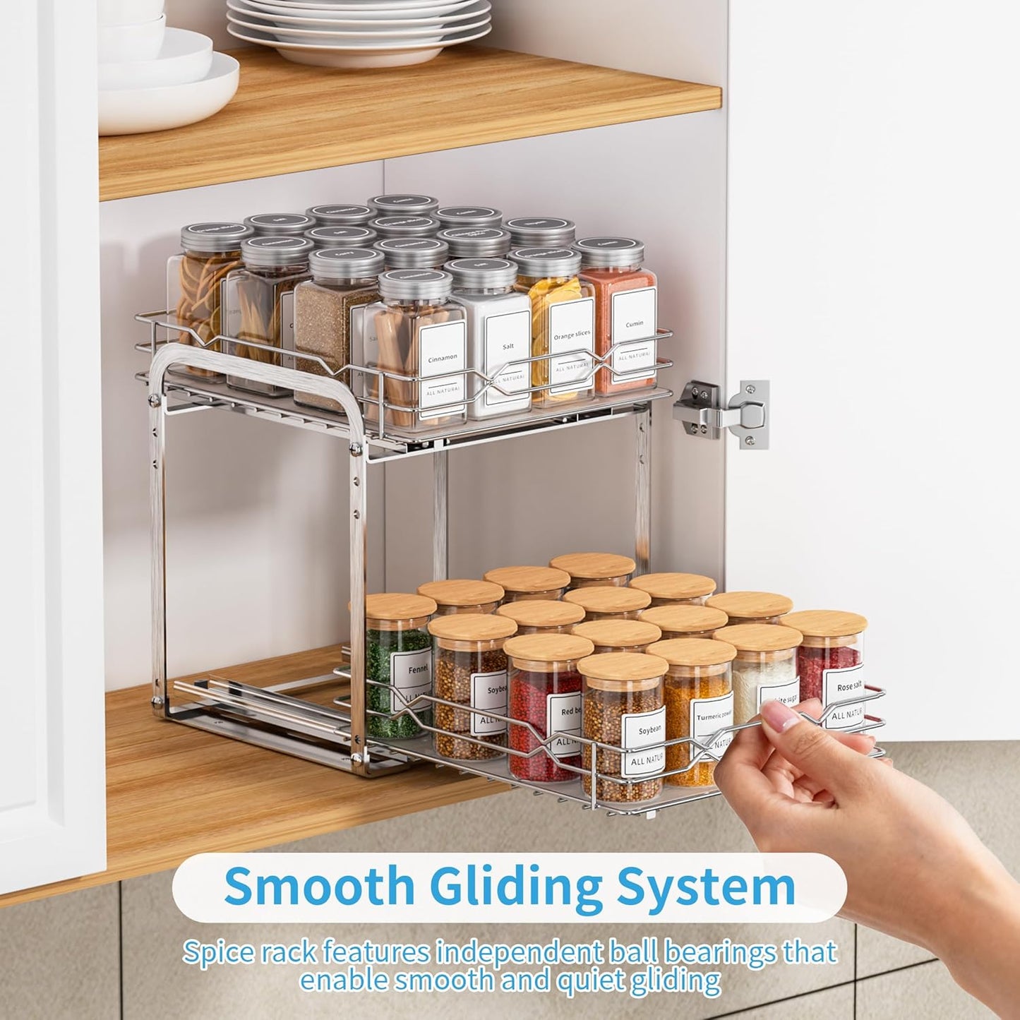 Pull Out Spice Rack, 2 Tier Spice Organization for Cabinet, Heavy Duty Spice Rack, 9-1/4 inch Wide - Spice Racks for Inside Cabinets, Kitchen, Pantry - Chrome, 9.25”W x 10.39”D x 9.76”H