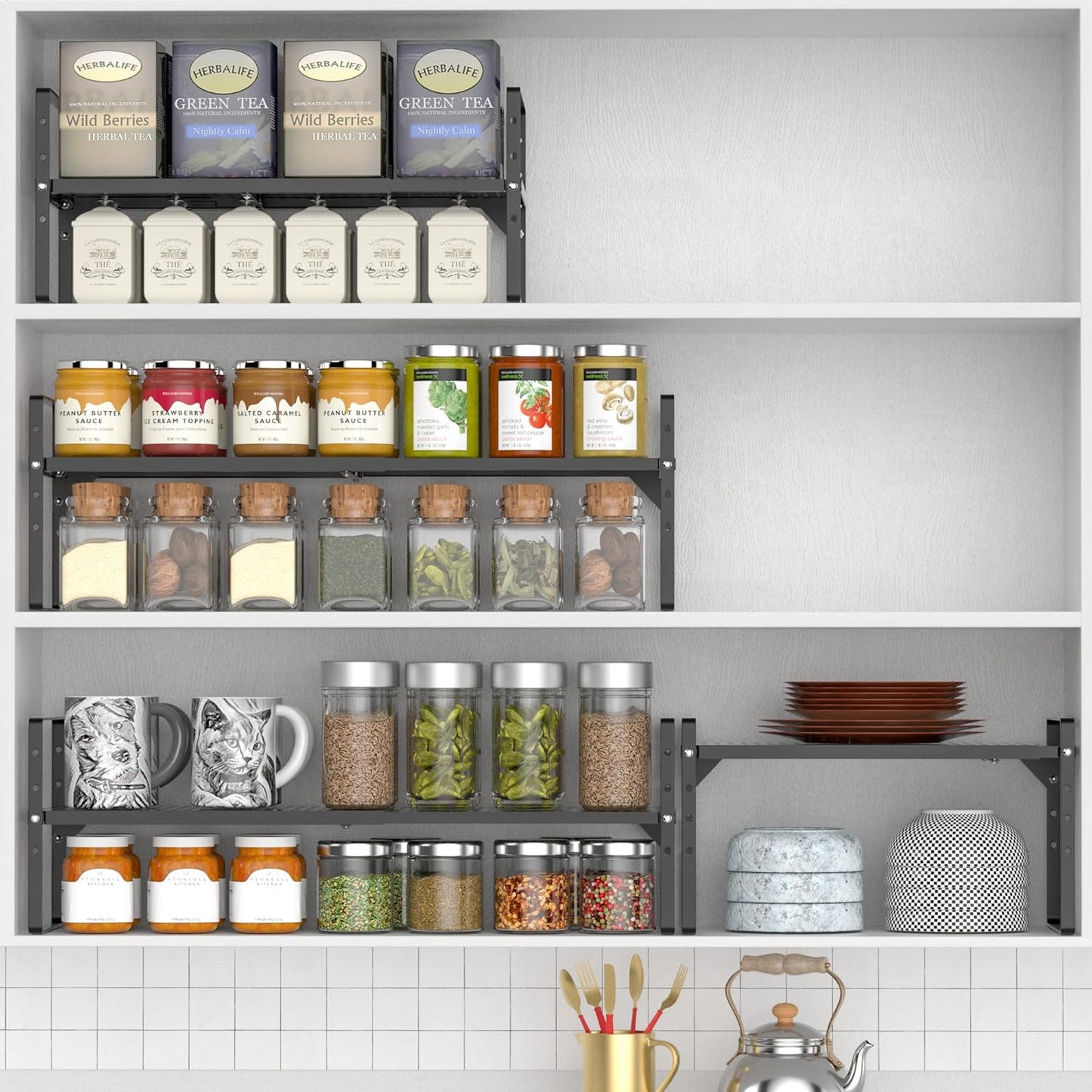 iPEGTOP 3 Pack Large Expandable Cabinet Storage Shelf, Heavy Duty Stackable Steel Metal Spice Rack Adjustable Height Home Office Pantry Garage Shelves for Counter Kitchen Organization, Black