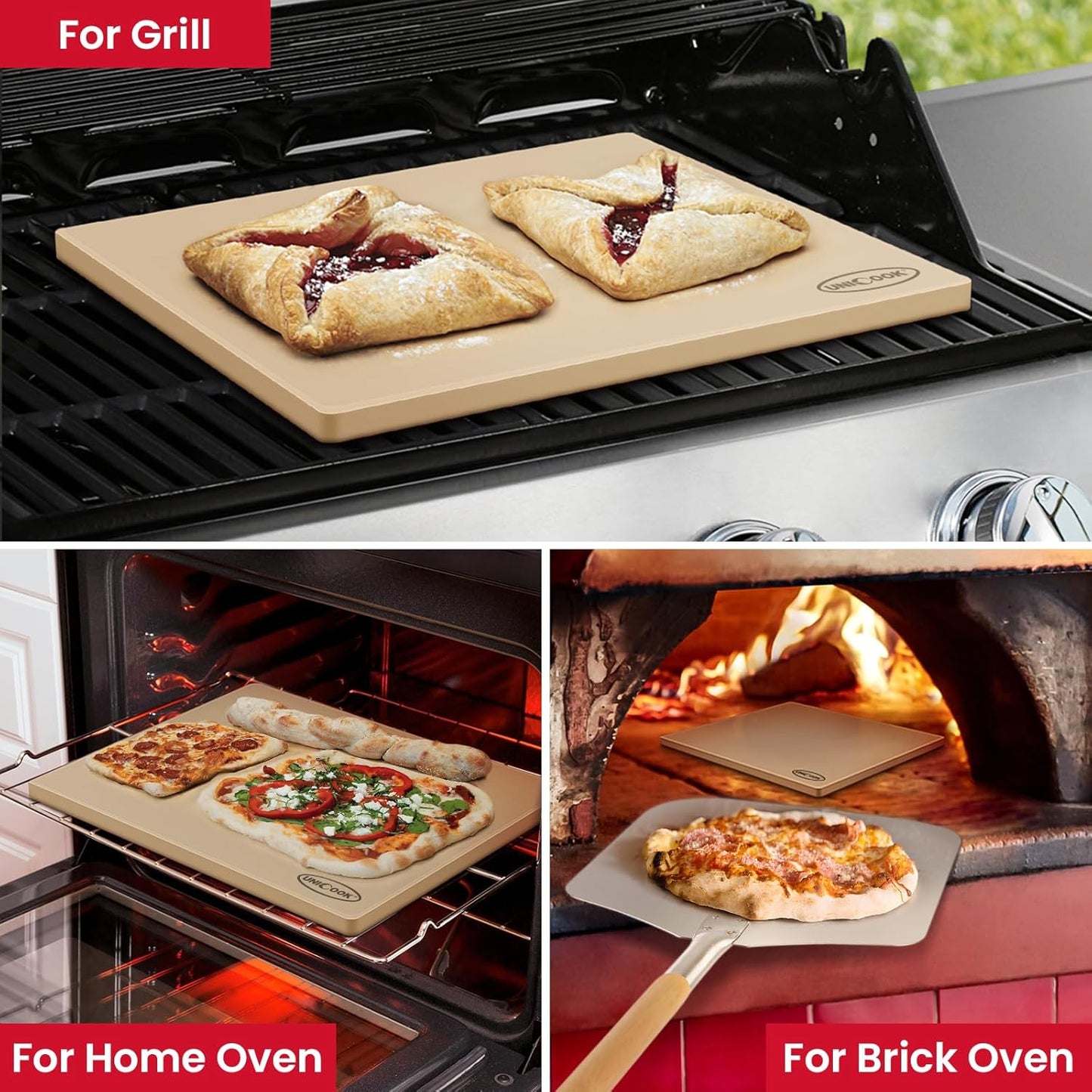 Unicook Large Rectangular Pizza Stone for Oven and Grill 20" x 16" x 0.6", Thermal Shock Resistant Cordierite Baking Stone, Ideal for Baking Crispy Pizzas, Bread and Cookies, Dough Cutter Included