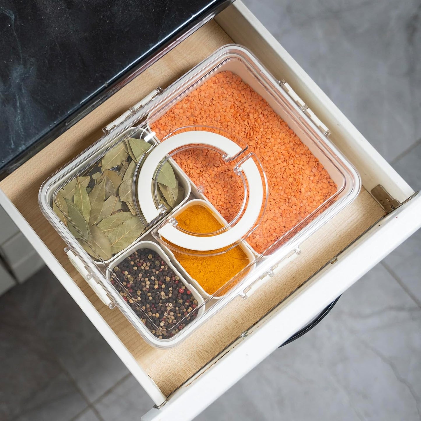 Mason & Meadow Small Snackle Box Container - Travel Snack Box Container - Snacklebox - Divided Serving Tray With Lid and Handle - Portable Snack Tray With Lid - Snackle Boxes (4 Compartments - Cream)