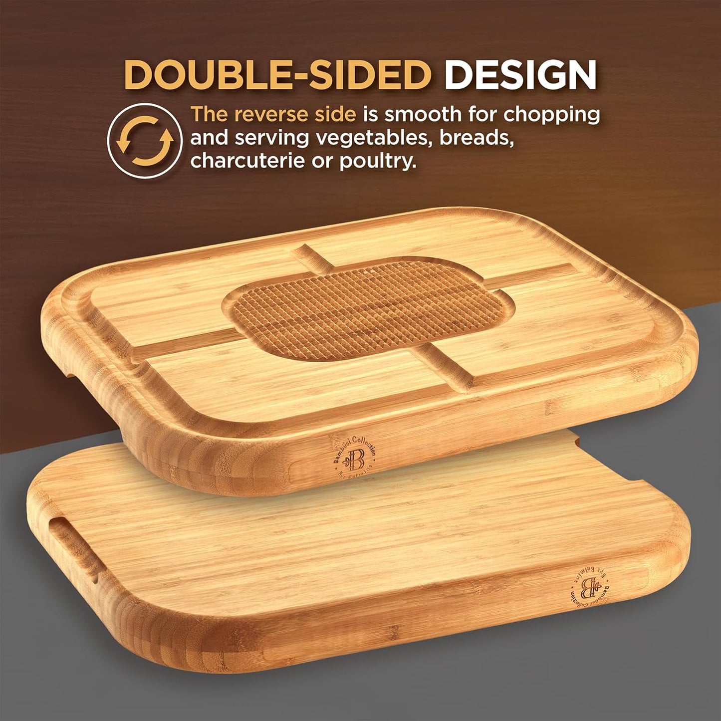 Meat Cutting Board for BBQ & Grilling - Spikes to Stabilize Meat & Juice Groove - Heavy Duty Bamboo Carving Board with Reversible Steak Tray - Great Gift