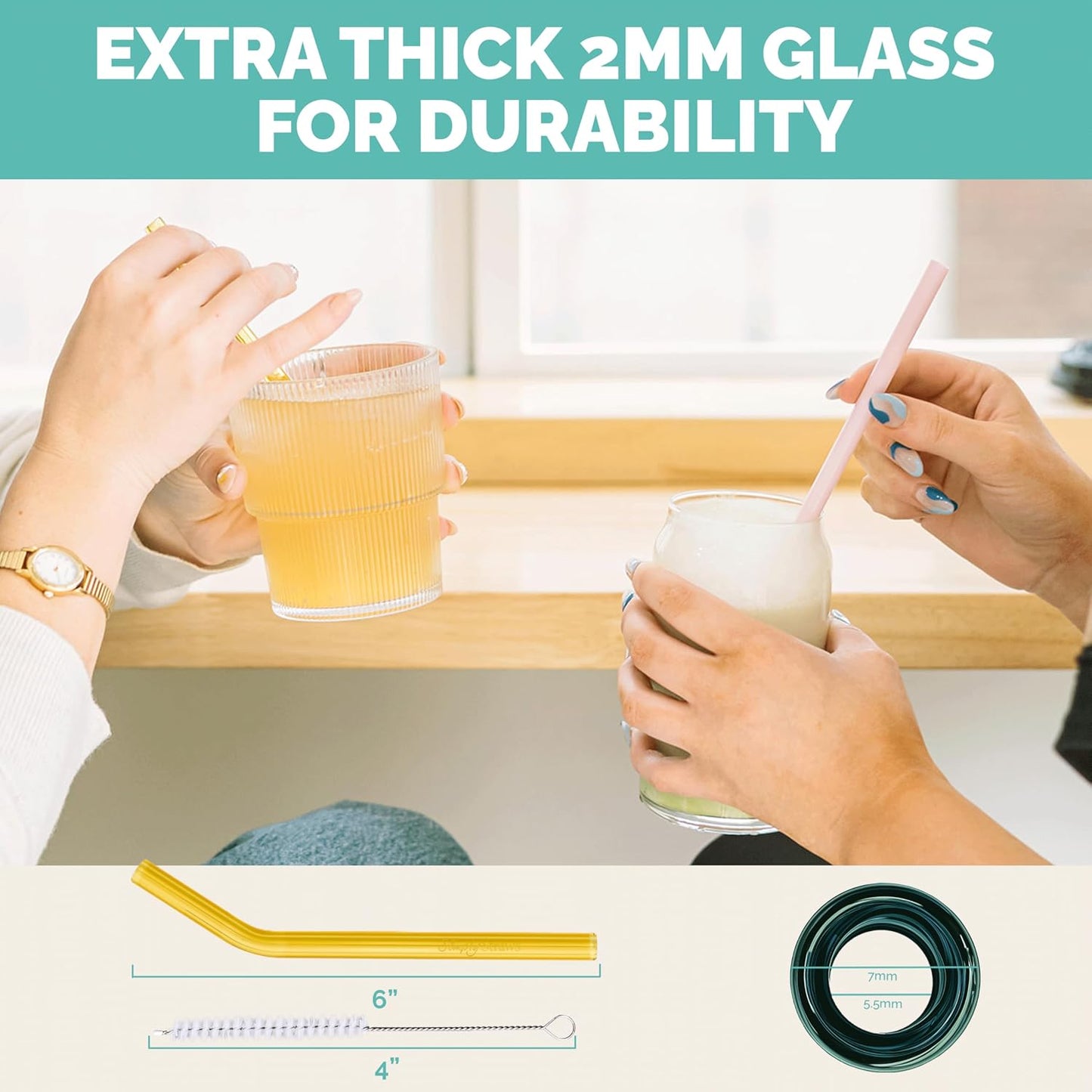 Simply Straws 6 Inch Glass Straws Bent (6-Pack) – Reusable Glass Straws for Low Balls & Stemless Glasses, with Cleaning Brush – Dishwasher Safe, Hot & Cold Use, BPA-Free (Fjord Mist)