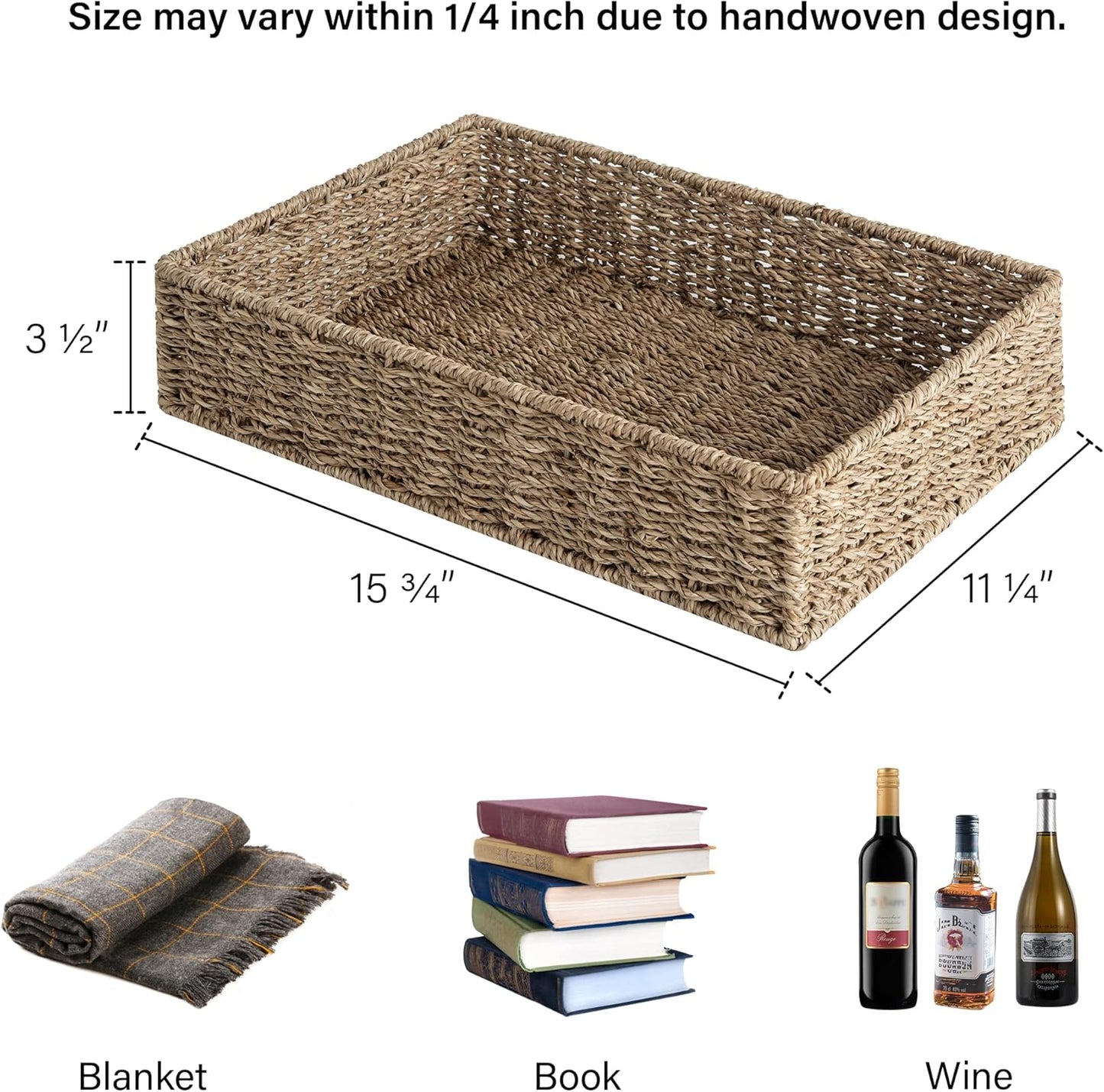 StorageWorks Large Seagrass Tray for Bathroom, Seagrass Storage Baskets for Shelves, Handwoven Natural Wicker Baskets for Organizing, 2-Pack