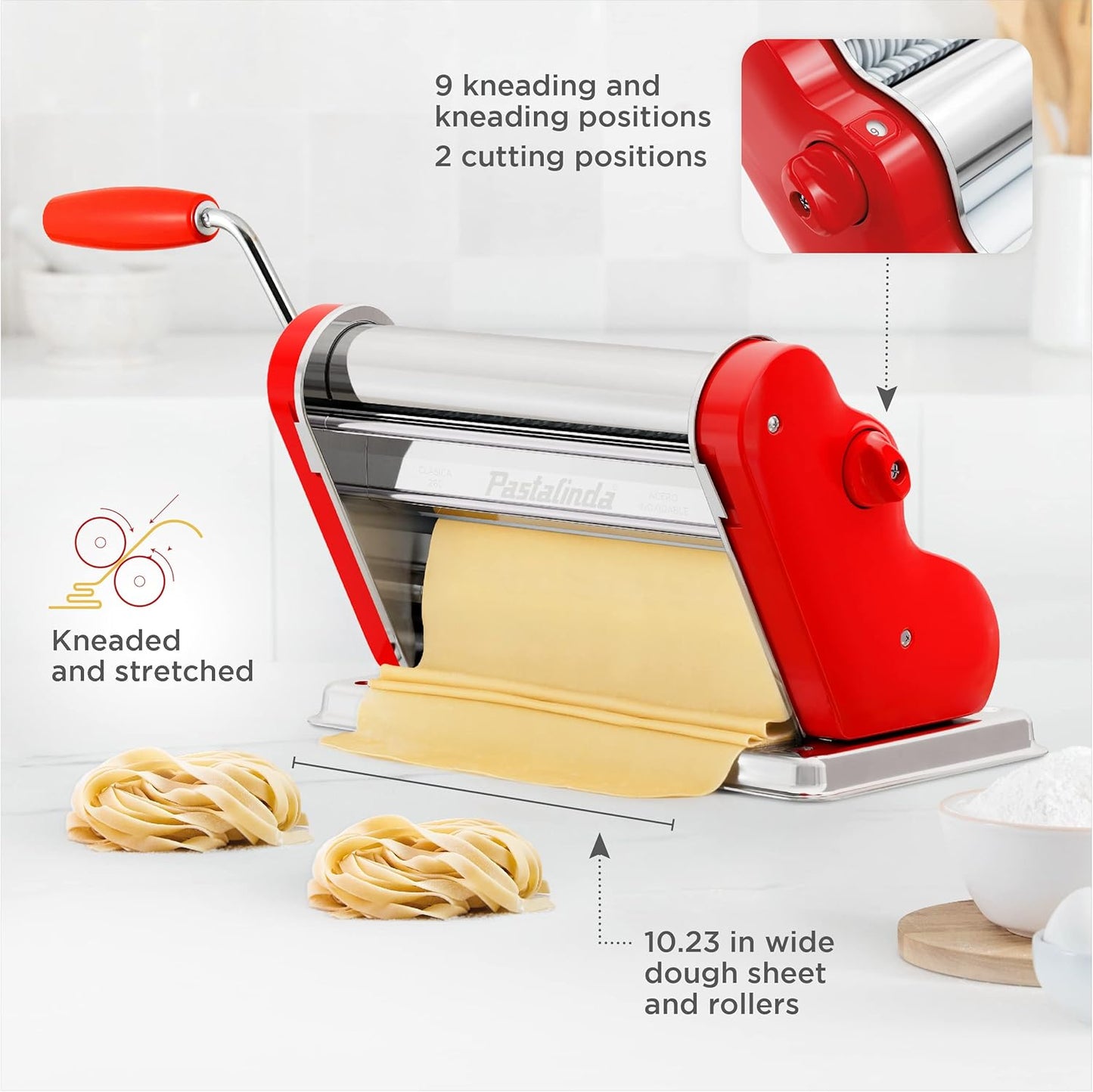 PASTALINDA Classic 260 Pasta Maker Machine, 26 cm Wide Rollers, 9 Thickness Positions, 2 Cutting Positions, Stainless Steel. Includes Reinforced Hand Crank And Two Clamps