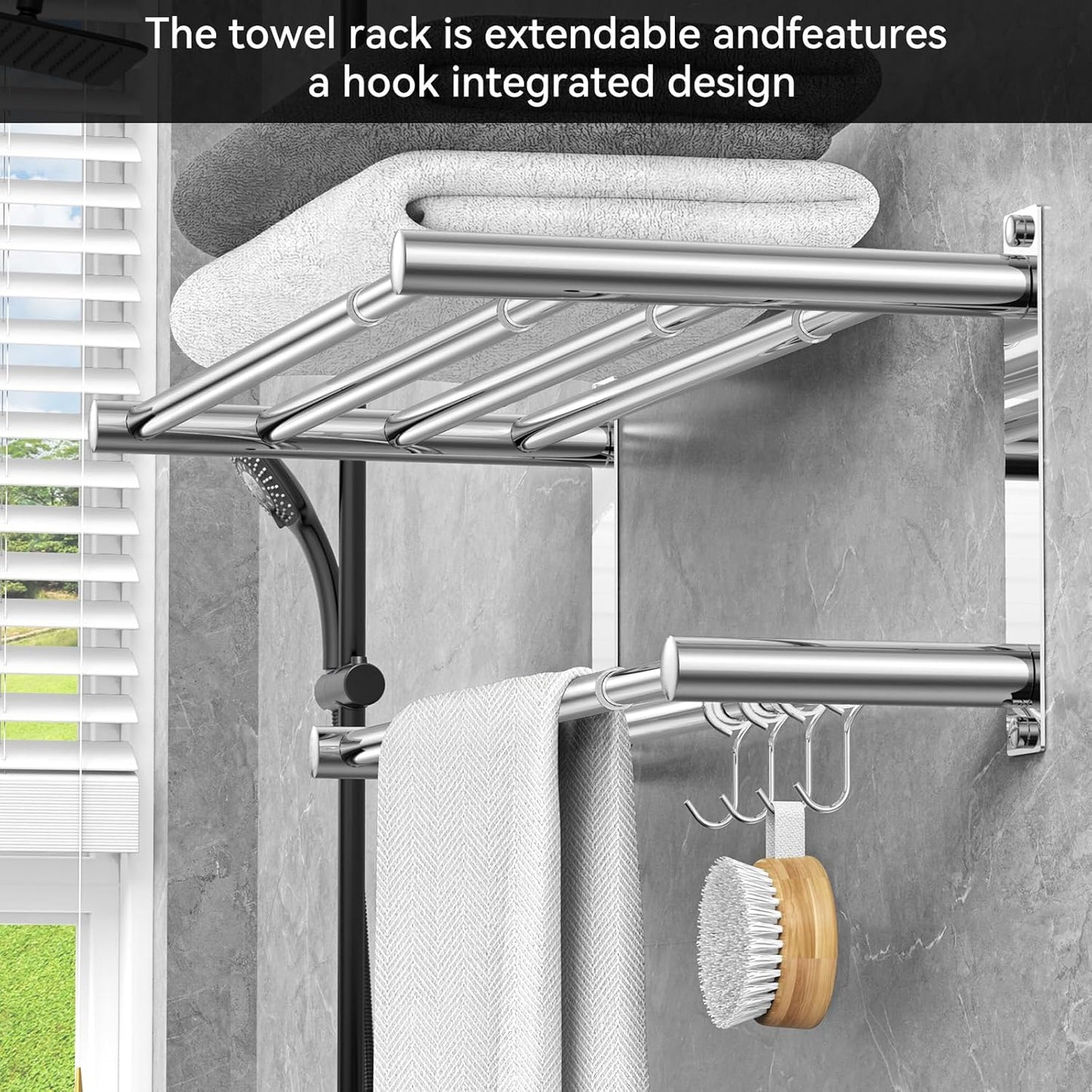Adjustable Towel Bar for Bathroom Wall Mount17-30.7inch Adhesive Shower Towel Rack Stainless Steel Bath Towel Holders for Toilet Kitchen Double Towel Hanger (Mobile Hook Towel Rack)
