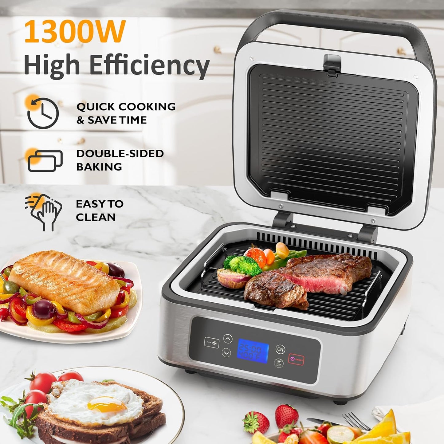 Sunvivi 1300W Smokeless Indoor Grill, Electric Panini Press Sandwich Maker with Auto-Lift, Fan, Independent Upper Heating, Smart Time & Temperature Control, Removable Non-Stick Plates