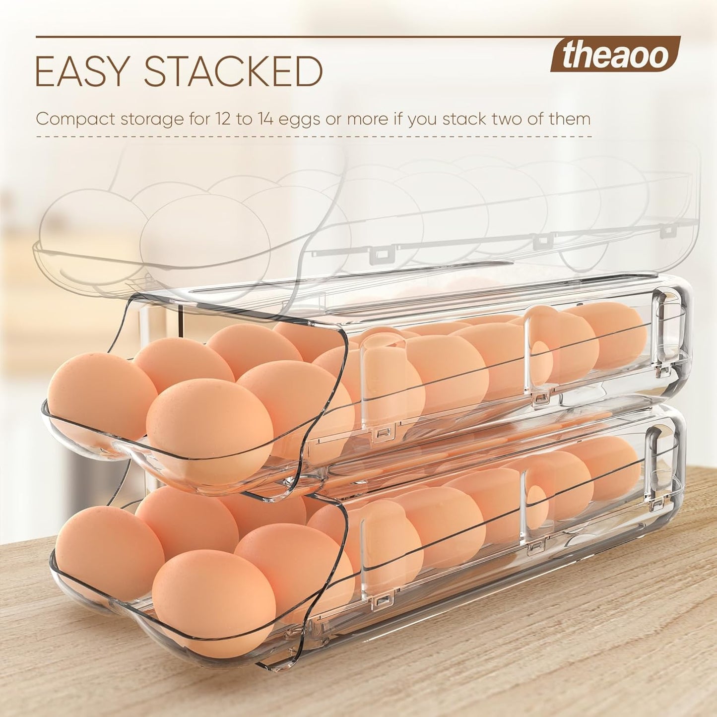 theaoo Egg Holder for Fridge, Automatic Rolling Egg Container for Refrigerator, Clear Plastic Egg Dispenser, Stackable Eggs Organizer with Quick Removable inner Tray For Organizers and Storage, 1Pack