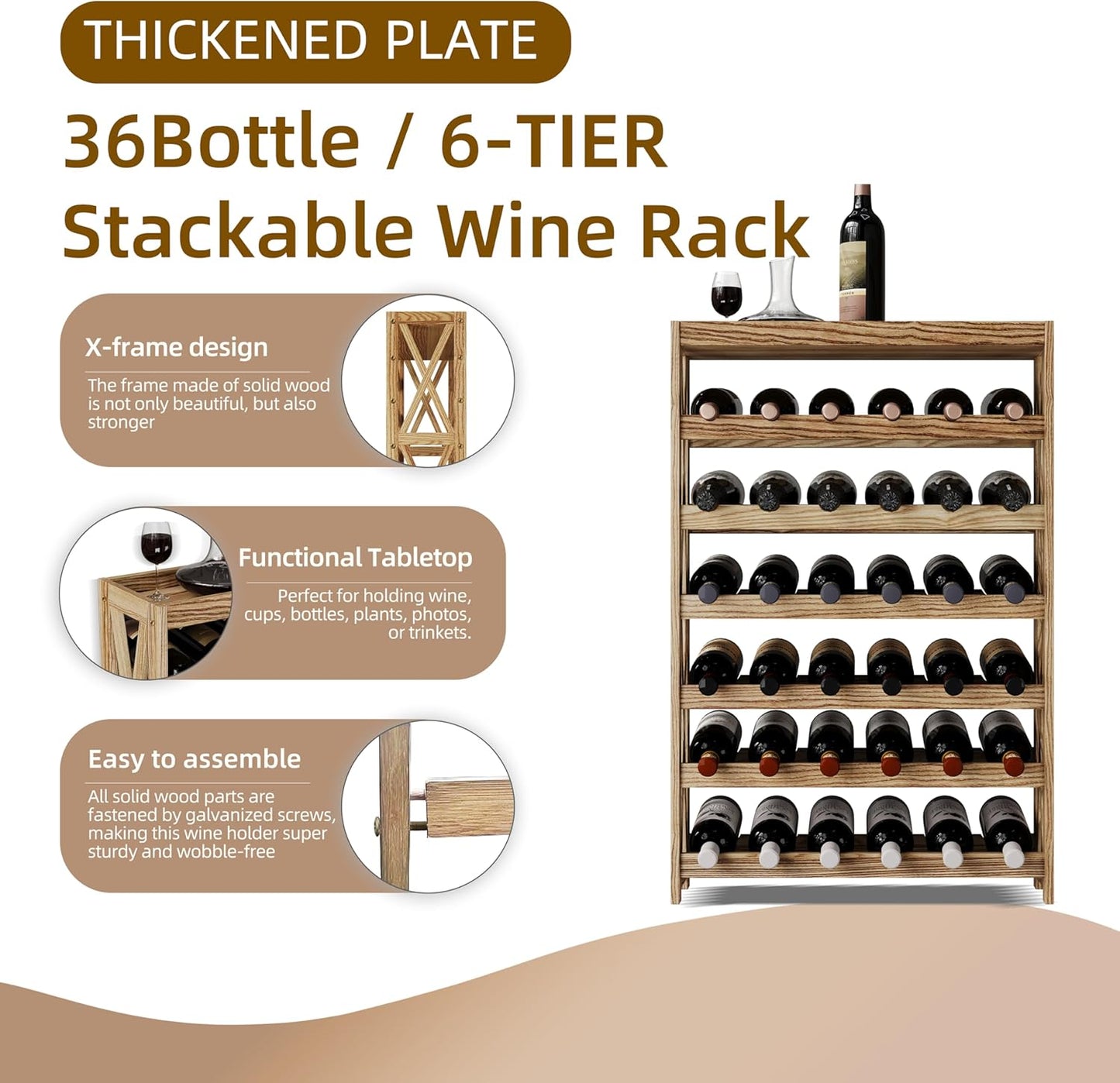 Solid Wood Wine Storage Racks - Stackable Wine Rack with Tabletop, Free Standing Floor Wooden Wine Rack, Premium Wine Storage Rack Display and Organizing for Kitchen and Cellar 6 Tier 36 Bottles
