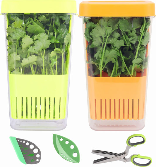 Herb Keeper Set: 2 Pack Herb Saver+1 Pack Herb Scissors+2 Pack Herb Stripper, Refrigerator Organizer, Herb Container for Cilantro, Mint & Asparagus, Keeps Fresh Herbs for 3 Times Longer Green&Orange