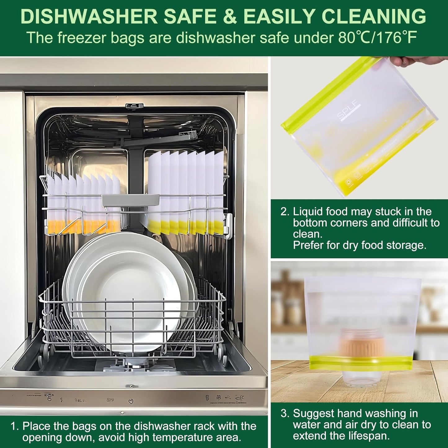 SPLF 10 Pack Stand-Up Reusable Quart Freezer Bags Dishwasher Safe, Extra Thick Leakproof 1 Quart Food Storage Bags, BPA Free Bags for Meal Prep, Sandwich, Snack, Fridge Organization