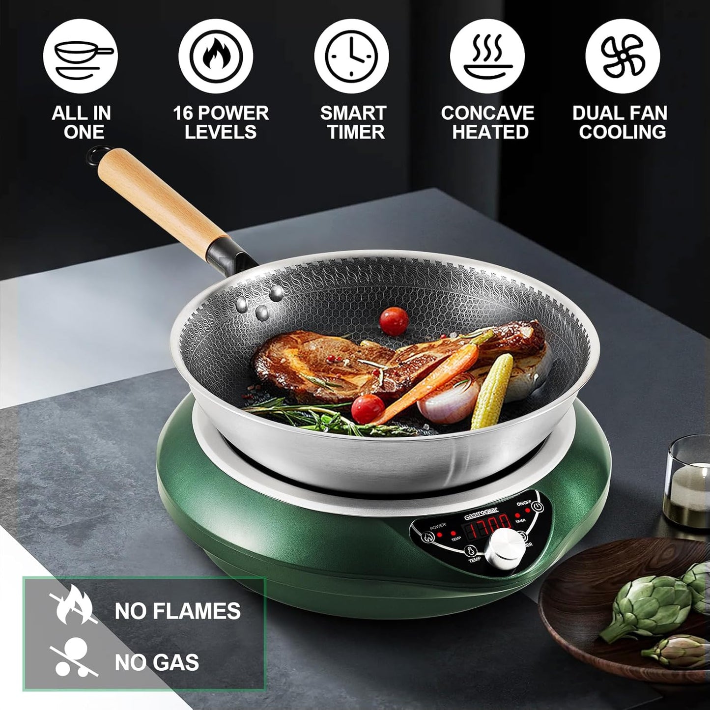 Induction Wok Pan Cooktop 1700W (85V~175V) 16 Levels Temperature & Power Control Induction Wok Burner with 18 Hours Timer, Auto-off, Fast & Even Heating Concave Electric Stove (Green)