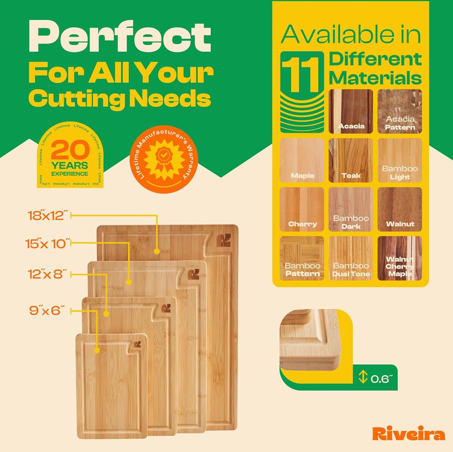 Riveira White Bamboo Wood Cutting Board – Versatile And Durable: Set Of 4 Pcs Rectangular Wooden Cutting Board – Natural Wooden Cutting Boards For Kitchen – Complete White Bamboo Wooden Chopping Board