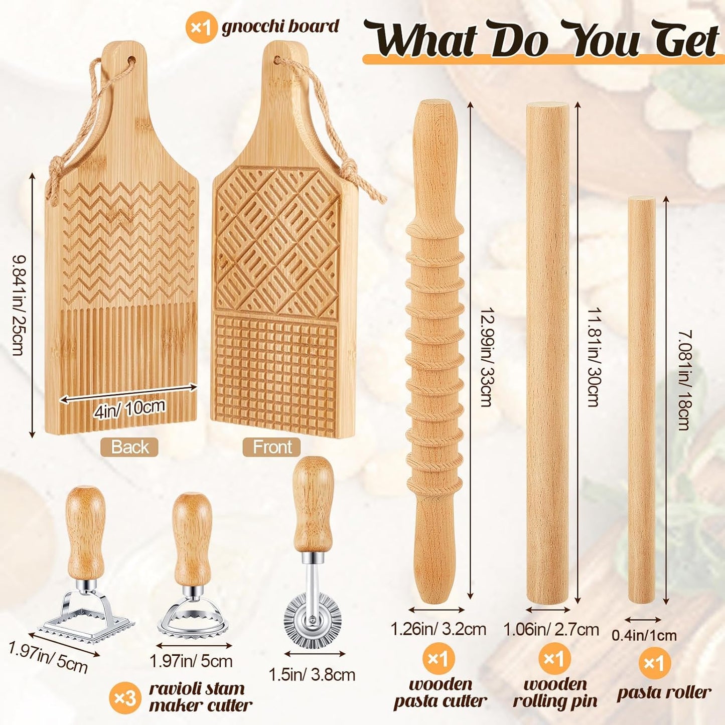 Tioncy 7 Pcs Gnocchi Pasta Making Tool, Wood Gnocchi Board with Ravioli Stamp and Rolling Pin Set Homemade Kitchen Gift for Baking Lovers(Plaid and Stripe Style)