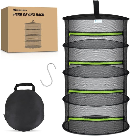 Yesker 4 Layer Herb Drying Rack Hanging Mesh Net Foldable Plant Drying Racks 24" Diameter with Green Zipper & Hook Dryer Hanging Rack for Herbs Seed Bud Fruit Clothes Grow Tent Closets Garden Outdoor