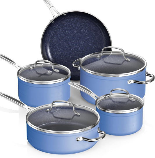 Nuwave Healthy Duralon Blue Ceramic Nonstick Coated 9pc Cookware Set, Scratch-Resistant Diamond Infused, PFAS Free, Induction Ready & Evenly Heats, Oven Safe, Tempered Glass Lids