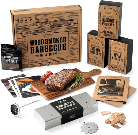 Deluxe Smoker Box for Gas Grilling - Complete BBQ Smoker Box Kit with Wood Chips, Stainless Steel Smoke Box for Gas Grill & Charcoal, Thermometer, Scraper & Recipes - Smoker Accessories Gifts for Men