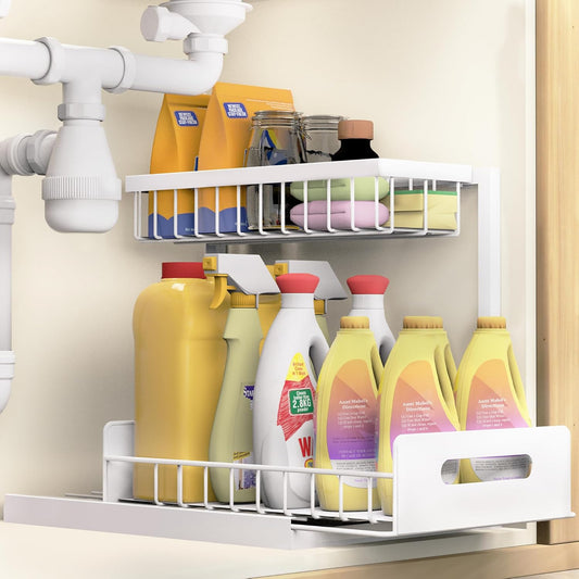 VUSIGN Under Sink Organizer, 2 Tier Pull Out Bathroom Cabinet Organizer, Under Kitchen Sink Organizers and Storage, Under Sink Shelf,1 Pack, White