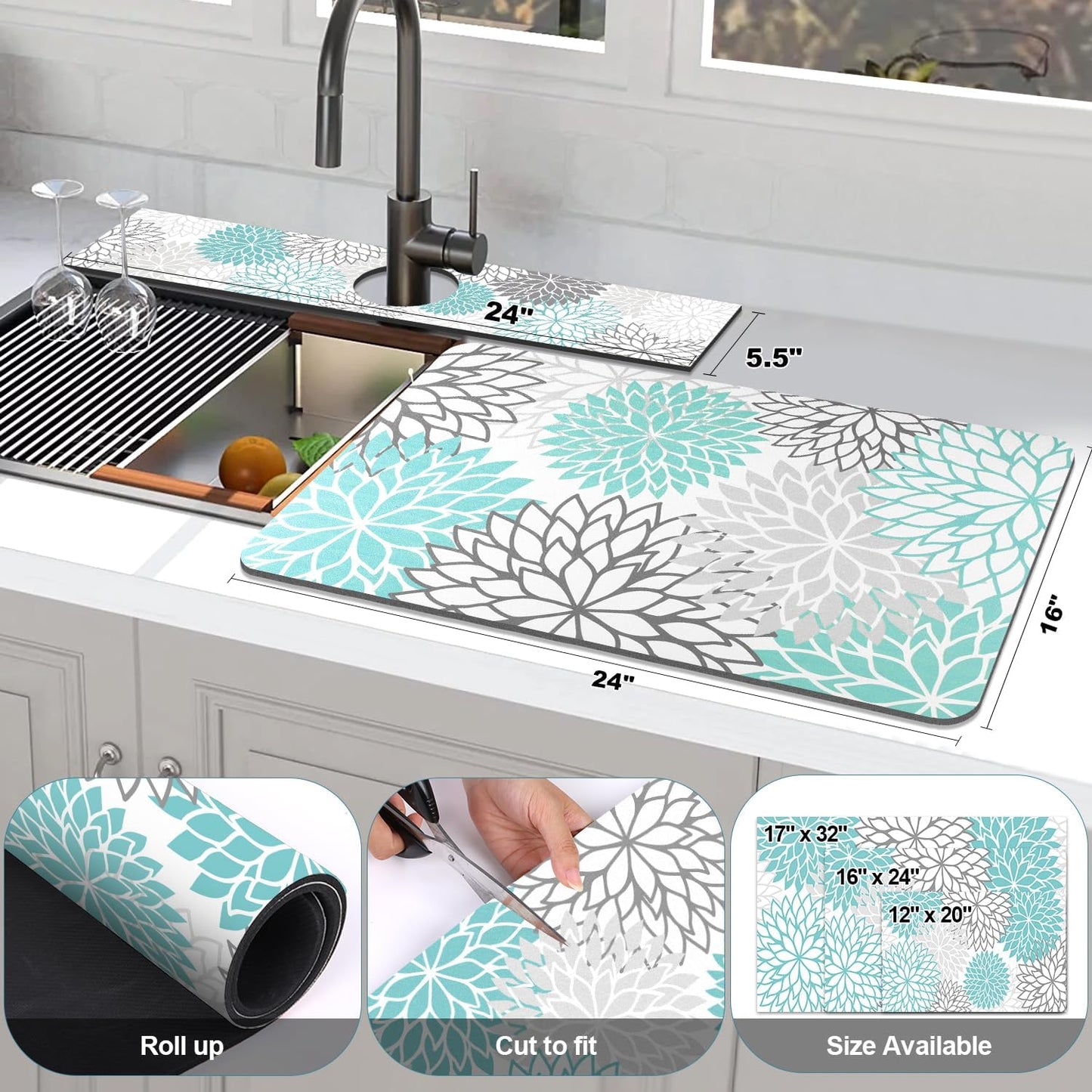 Findosom 2PCS 16" x 24" Dish Drying Mat & 24" x 5.5" Sink Splash Guard, Super Absorbent & Cuttable Dish Mat Drying Kitchen Mat with Teal Floral, Hide Stain Drying Mat for Kitchen Counter