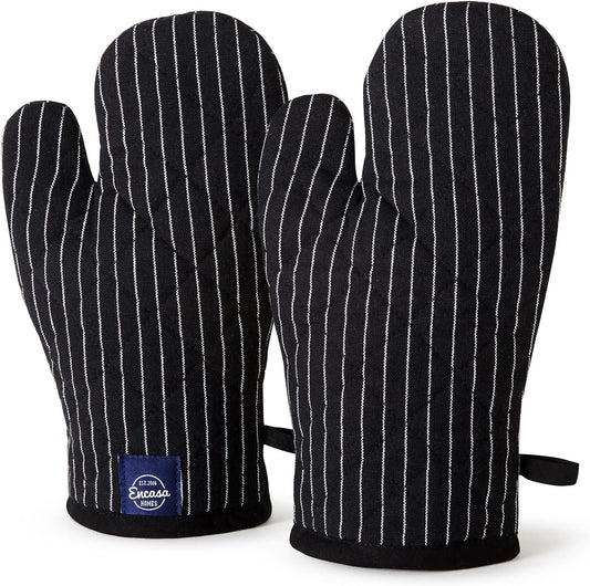 Encasa Homes Long 12" Oven Microwave Hand Gloves Mitts (2 pc Set) for Kitchen Cooking & Baking - Heat Resistant, Thick & Safe, Protection of Hands from Hot Utensils - Butcher Stripes Black