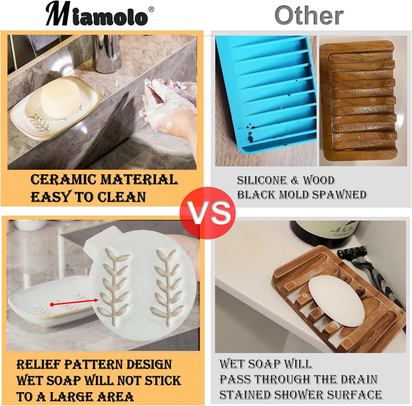 Ceramic Soap Dish Soap Holder, Soap Lift for Bar Soap Sponge, Shower Soap Dishes for Bathroom Kitchen Counter Soap Saver Tray Keep Dry, Dishwasher Safe