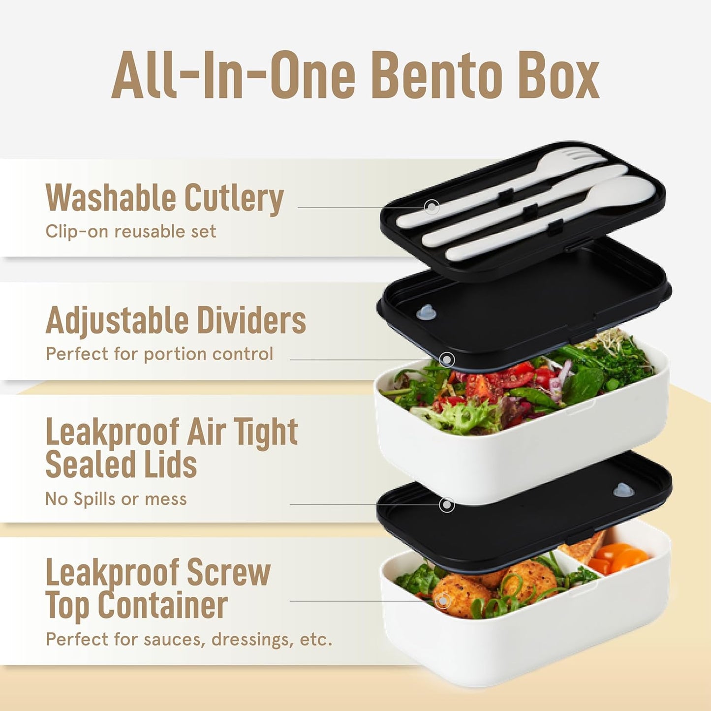 Double Premium Bento Box Adult, 67 fl oz BPA-Free - Cream Stackable Lunch Box with Leak-Proof Lids & Dividers, Perfect for Meal Prep, Lunches & Portion Control