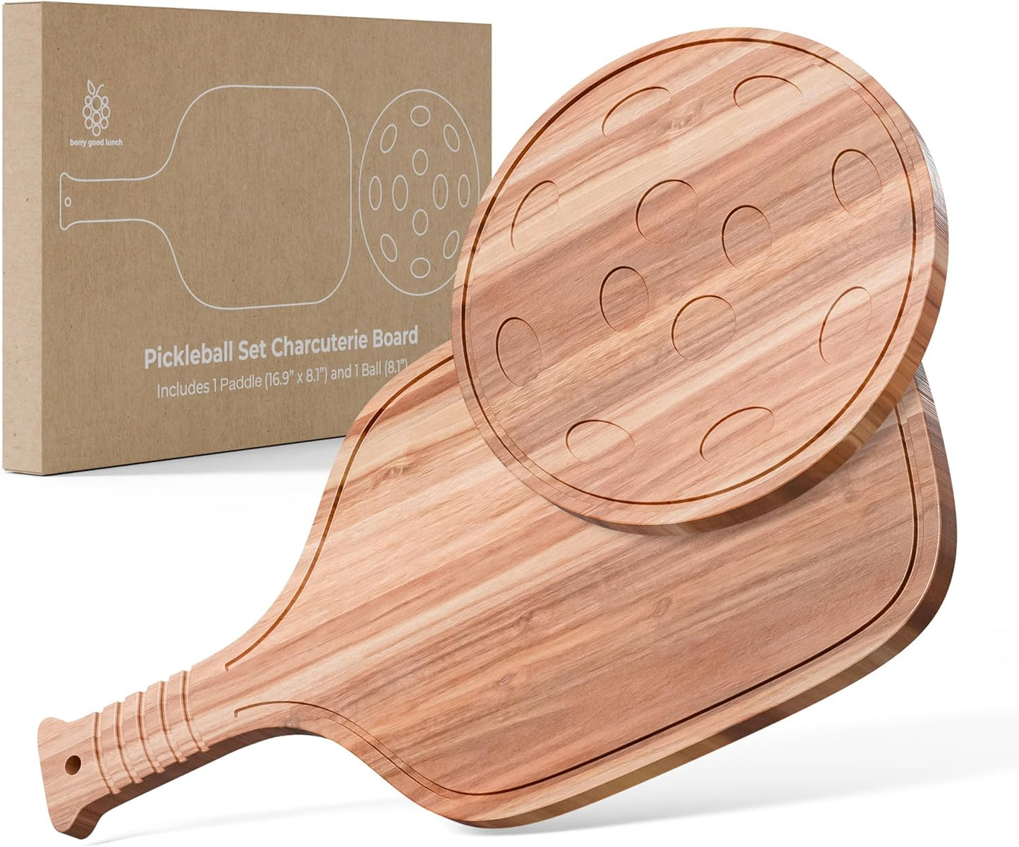 New – Set of Pickleball Paddle & Ball Charcuterie Board Set – Acacia Wood Cheese & Cutting Board (16.9” x 8.1”) Pickleball Gifts for Men/Women, Pickle Ball Plates, Pickle Ball Accessories