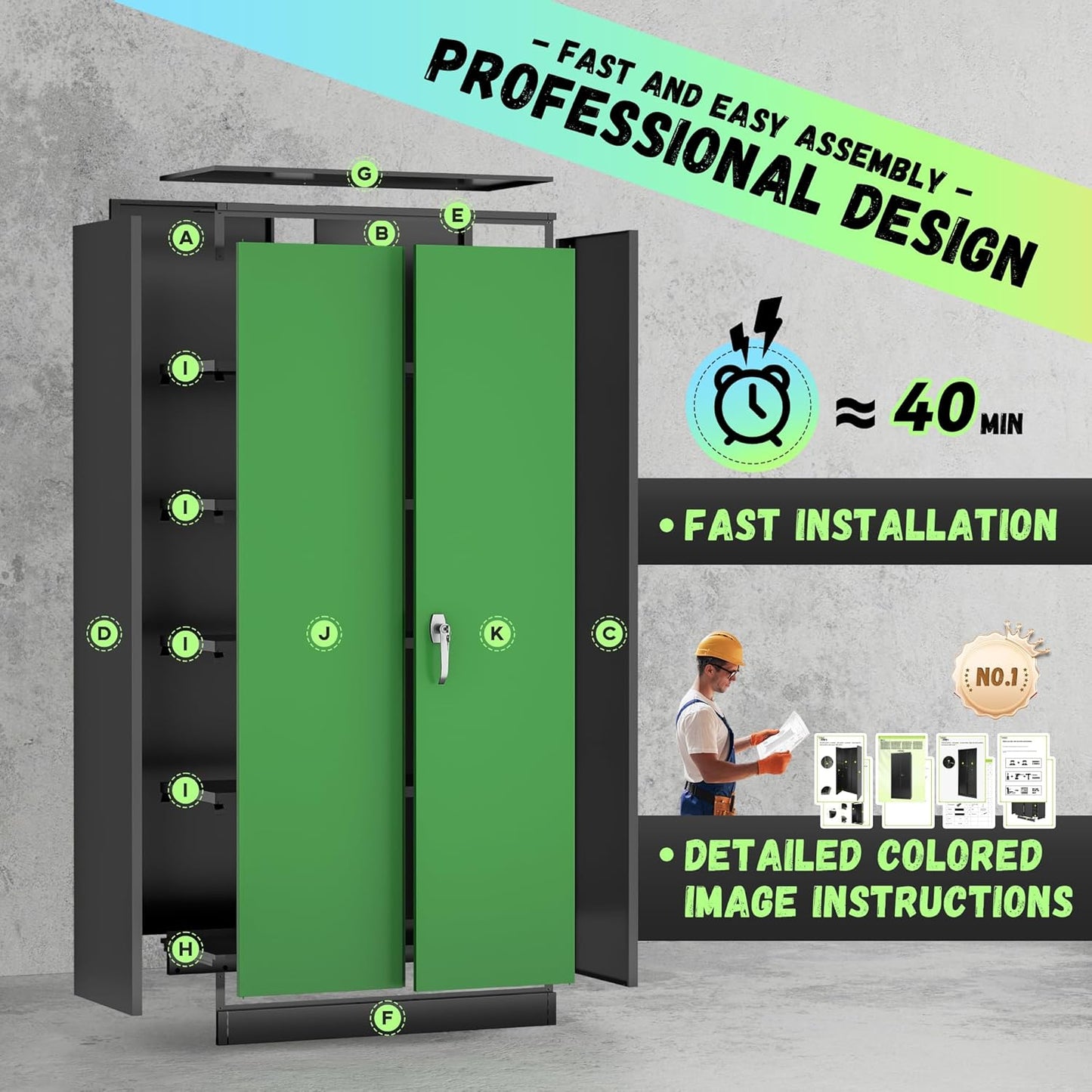 INTERGREAT Metal Storage Cabinet, 72" Locking Storage Cabinets with Doors and 4 Shelves, Tall Tool Storage for Garage, Steel Lockable Cabinet Metal Locker for Home Office, Black Green