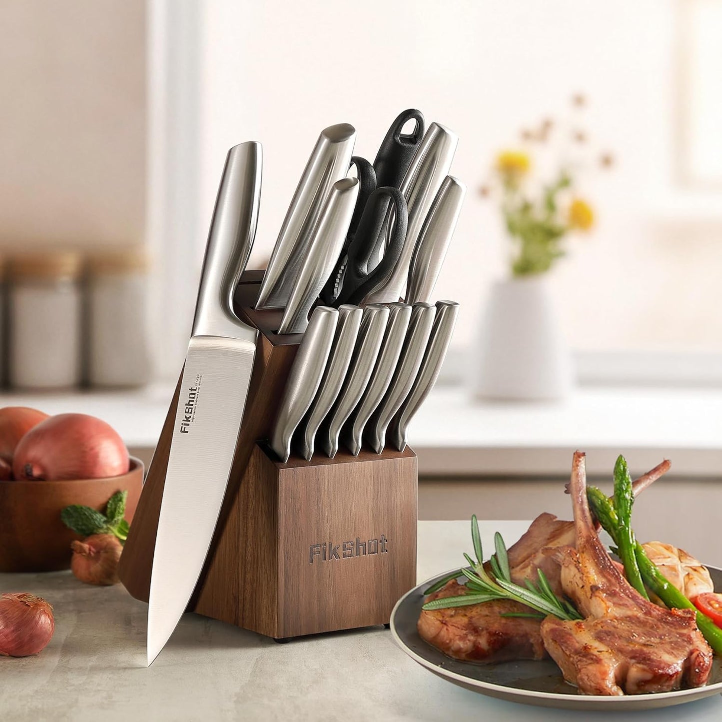 Knife Block Set, Kitchen Knife Sets with Block, FIKSHOT Knives Set for Kitchen - Razor-Sharp Santoku Knife, Fruit and Kitchen Sets - Rust Resistant for Homecooks (Silver + Walnut)