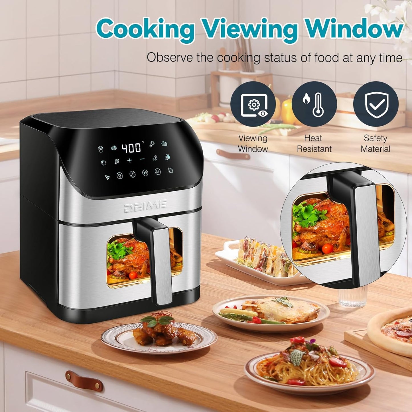 DEIME Air Fryer 6.5 QT Oilless Oven Large AirFryer Healthy Cooker with 10 1-Touch Preset, Visible Cooking Window, Non-Stick Basket & Dishwasher Safe
