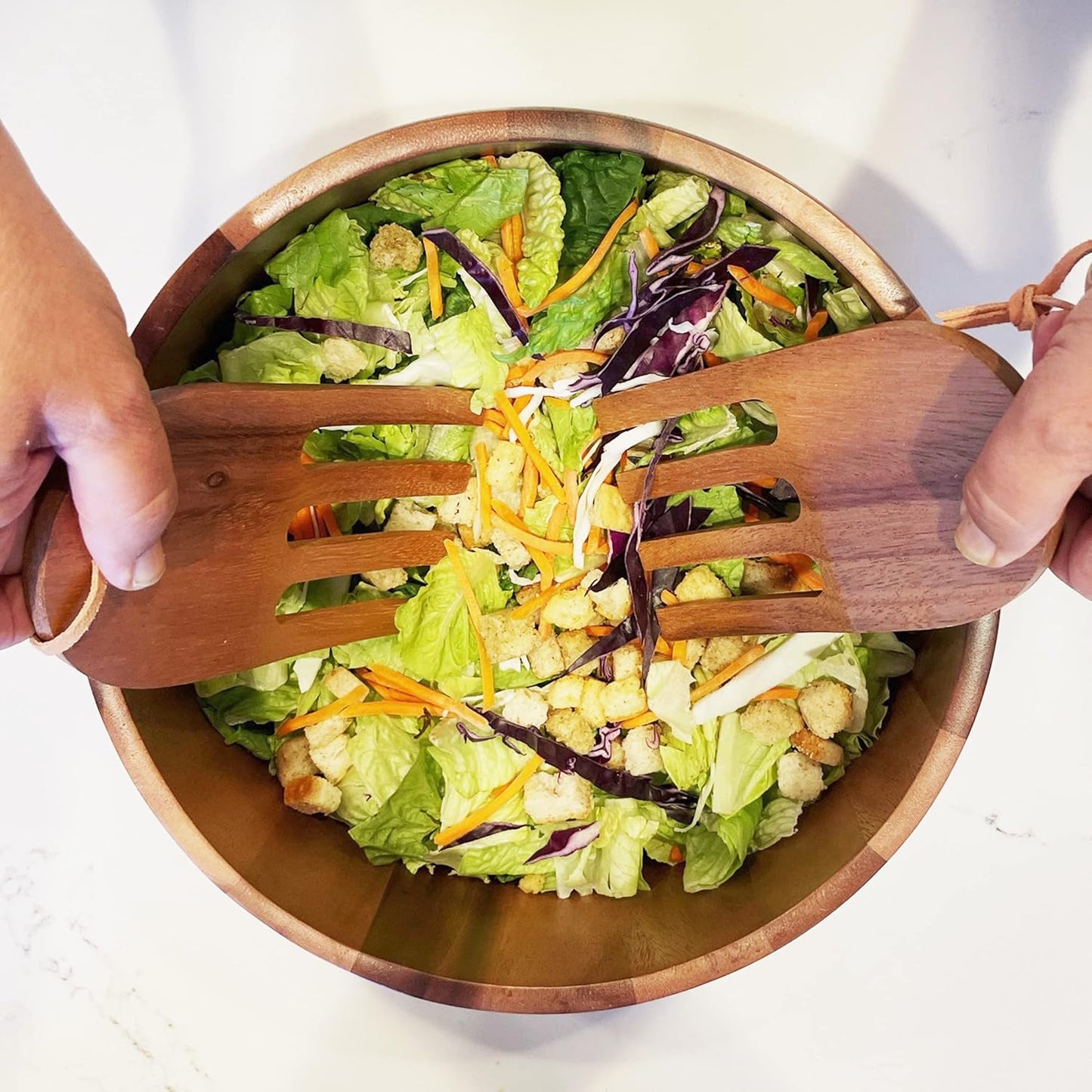 Woodard & Charles Acaica Wood 12" x 5" Serving Bowl Set with Serving Hands, 3 Piece Set ★★PACK OF 4★★