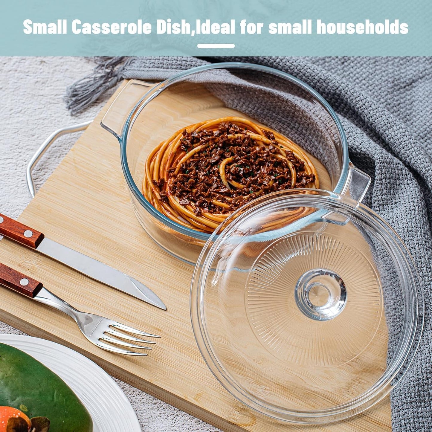 Maxcheck 2 Pieces Glass Casserole Dish with Lid Baking Casserole Dish Covered Cookware Microwave Bowls with Handle for Kitchen Restaurant Home Party Cooking, Oven Safe (Round,0.8L/ 1.7L)