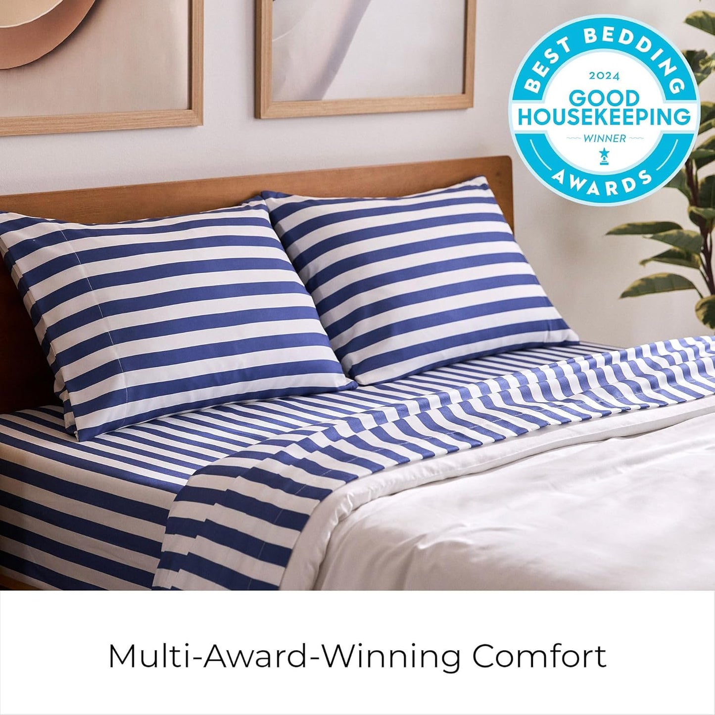 Mellanni California King Sheets Set - 4 PC Iconic Collection Bedding - Hotel Luxury, Soft, Cooling Bed Sheets - Wrinkle, Fade, Stain Resistant (Cal King, Oxford Stripe Blue Nova)