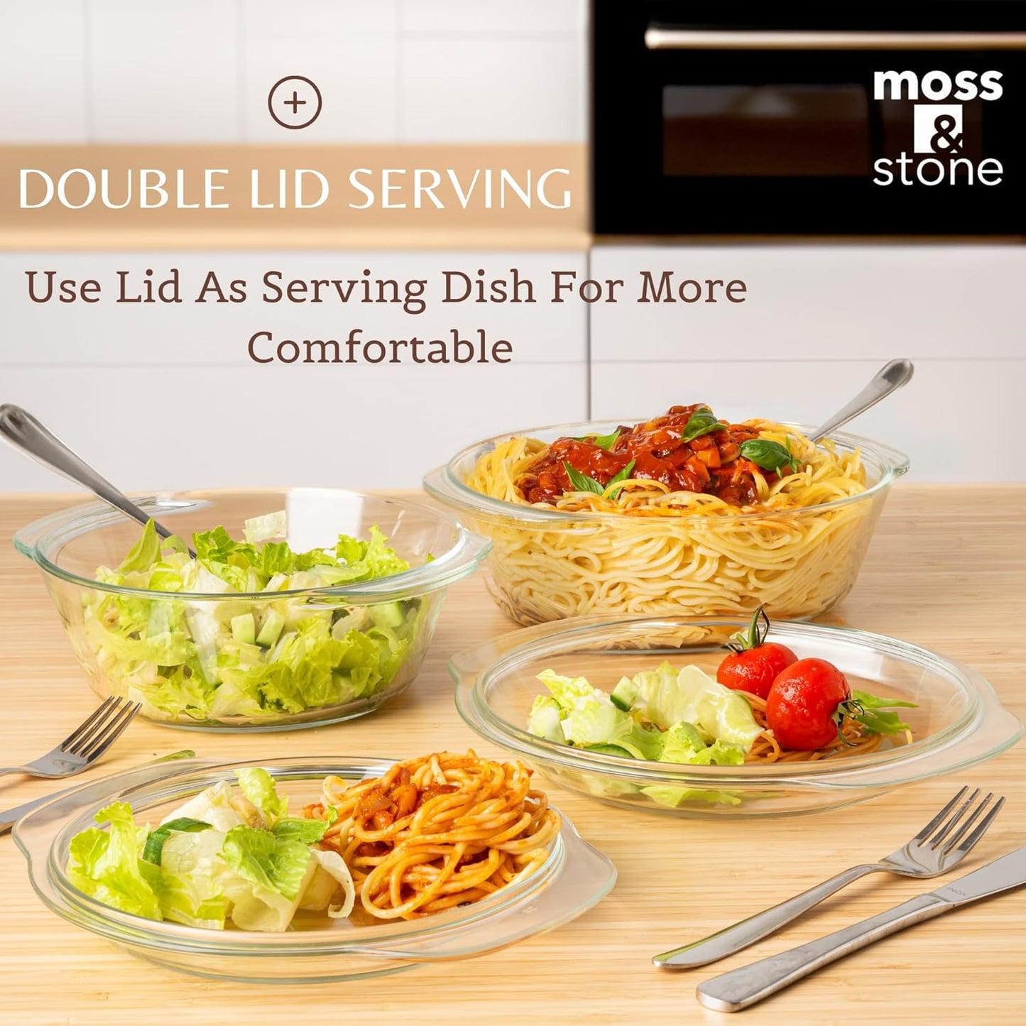 Moss & Stone 6-Piece Clear Glass Casserole Dishes for Oven With Lids, Durable Tempered Borosilicate Glass Bakeware Set, Microwave Safe, 3 Round Sizes for Cooking, Serving & Storage