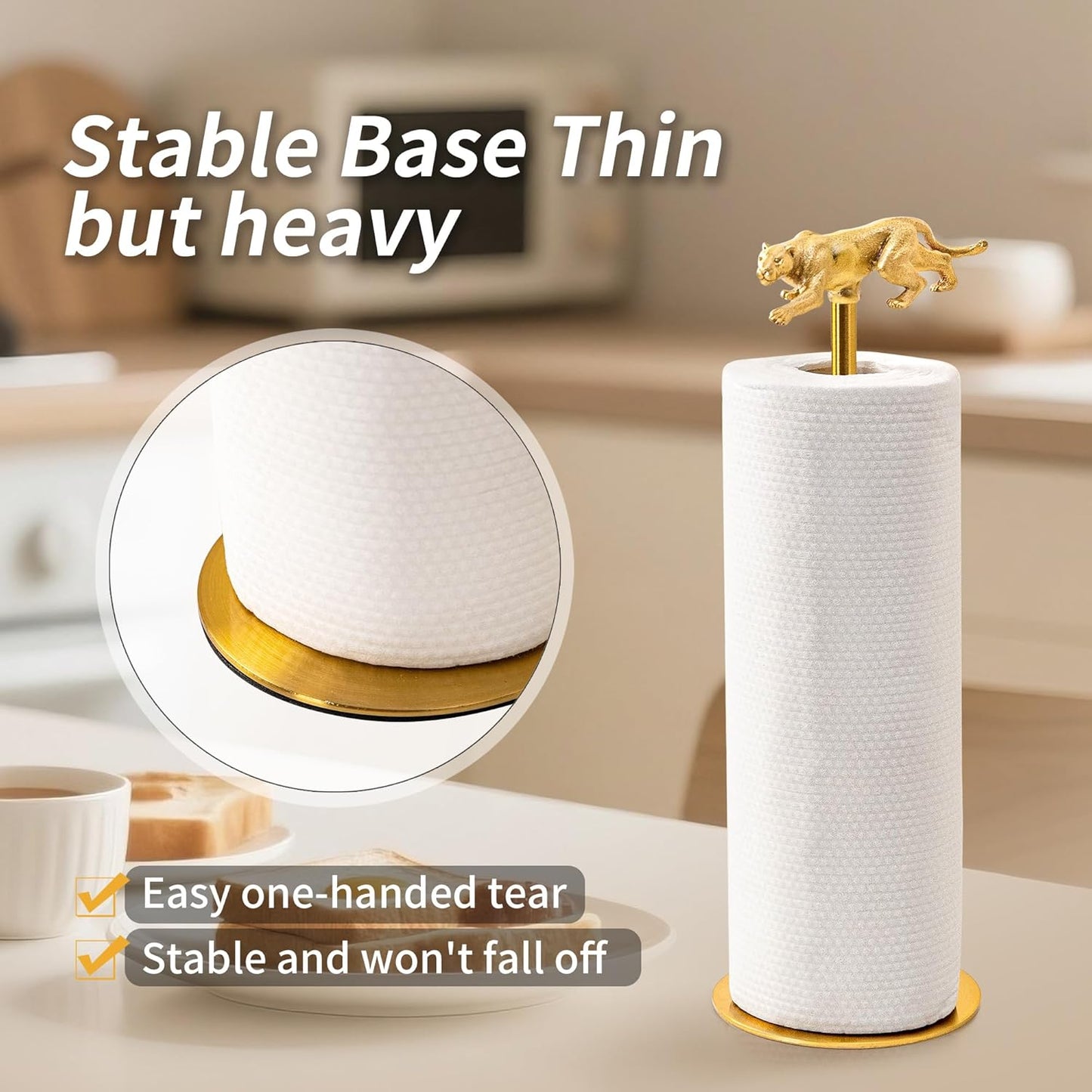 Gold Paper Towel Holder for Countertop, Vintage Brass Paper Holder for Kitchen, Bathroom, Dining Room, Non-Scratch Base & Detachable Leopard