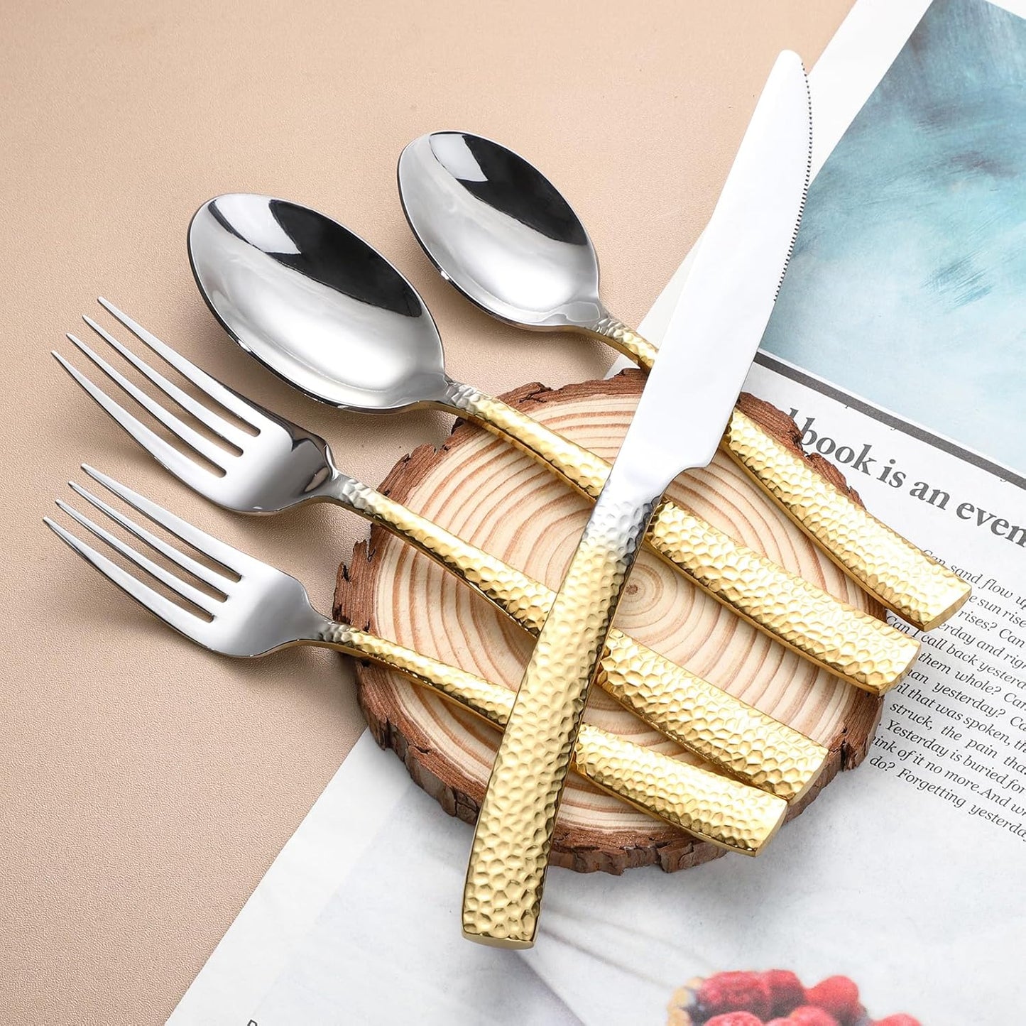 Hammered Silverware Set For 4,Forks and Spoons 18/10 Stainless Steel Heavy Duty Silverware Gold Cutlery Set 20 Piece Flatware Set,Mirror Polished,Dishwasher Safe (20 pcs gold)