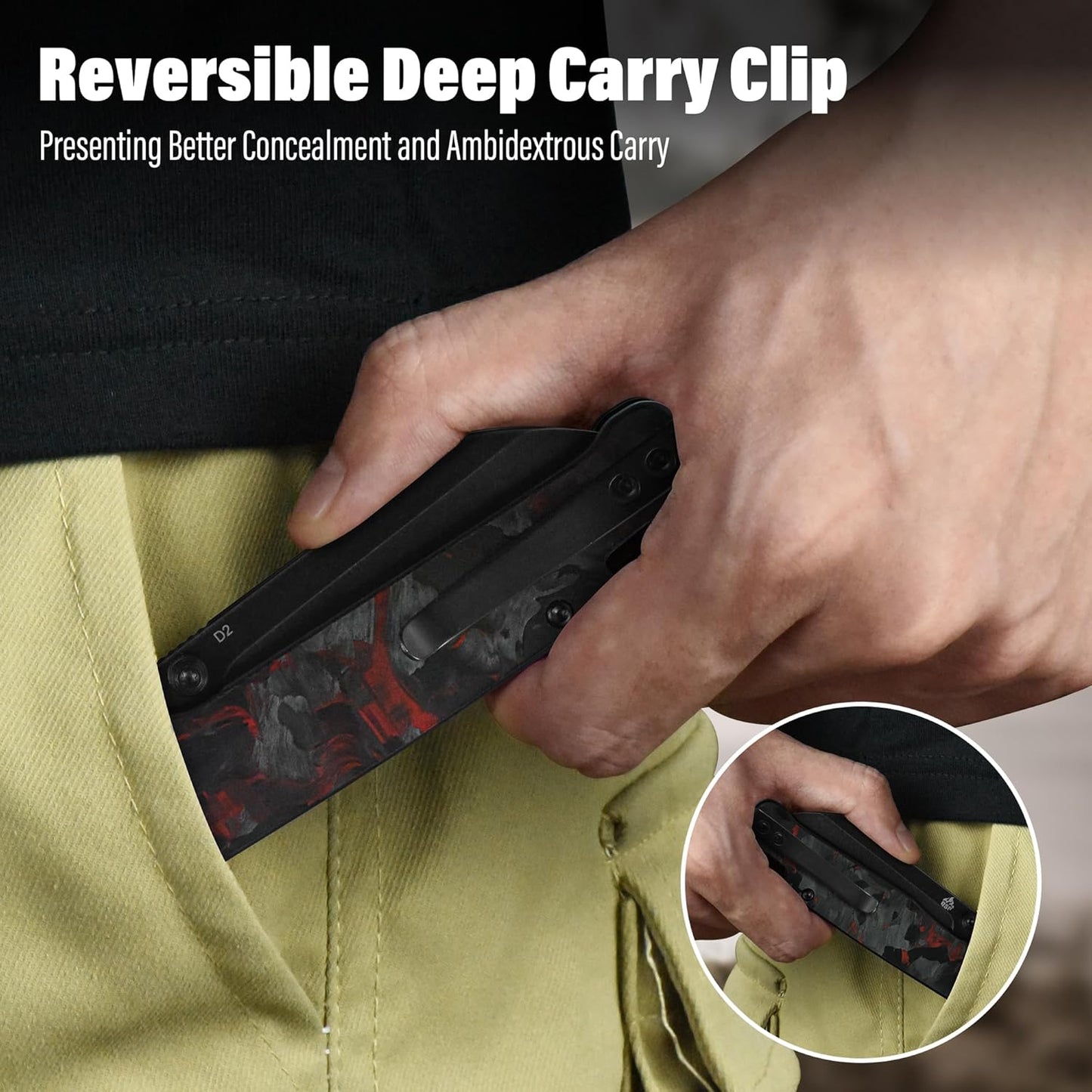 QSP Penguin V2 Folding Pocket Knife, 3.06" D2 Black Stonewash Blade EDC Knife, Red Shredded CF Overlay G10 Handle, Liner Lock, Ceramic Ball Bearings, Reversible SS Deep Carry Clip