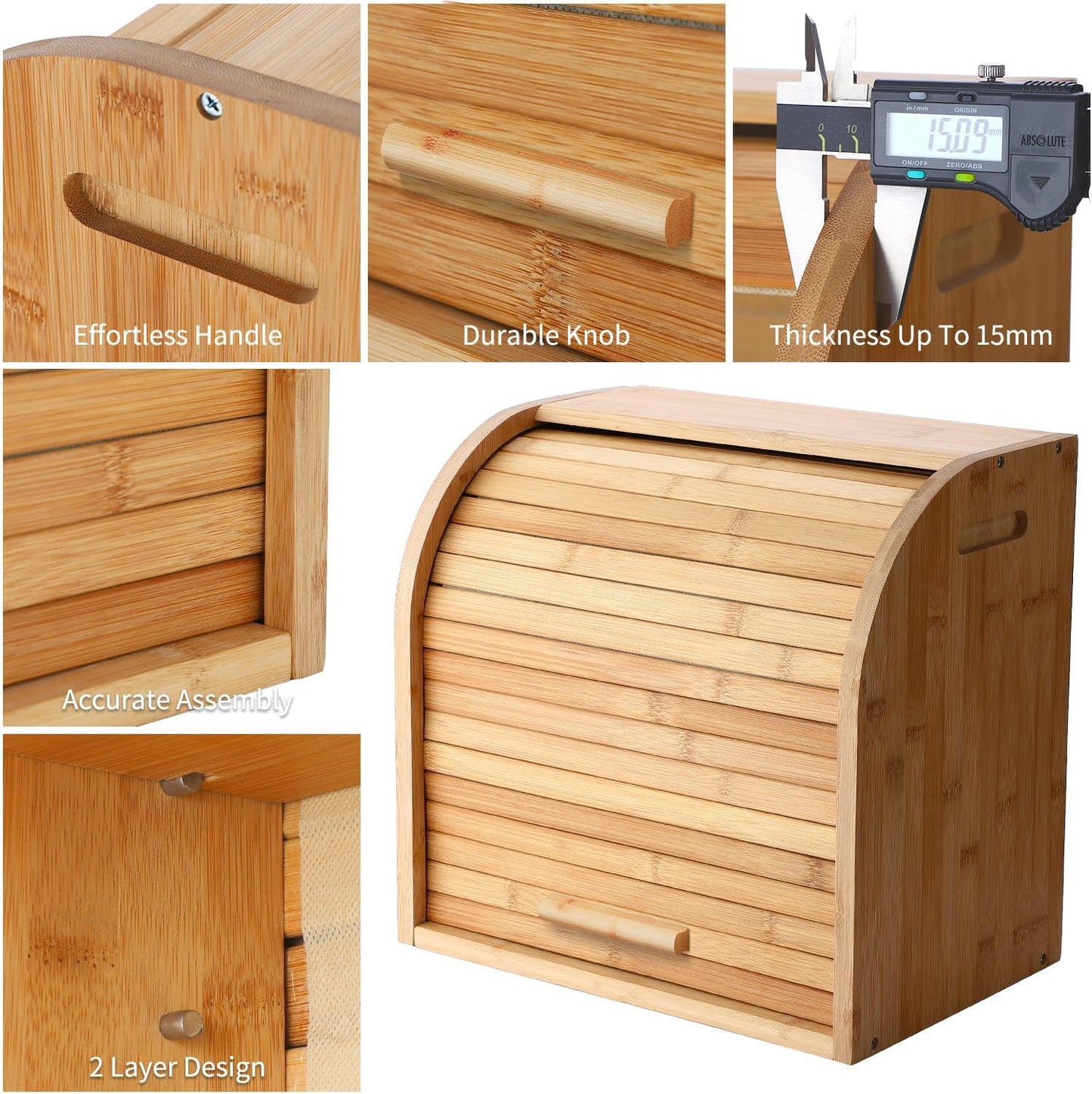 G.a HOMEFAVOR Bread Box, 2 Layer Bamboo Bread Boxes for Kitchen Food Storage, Large Capacity Bread Keeper Roll Top with Removable Layer, 15" x 9.8" x 14.2", 15 mm Thickness (Self-assembly)