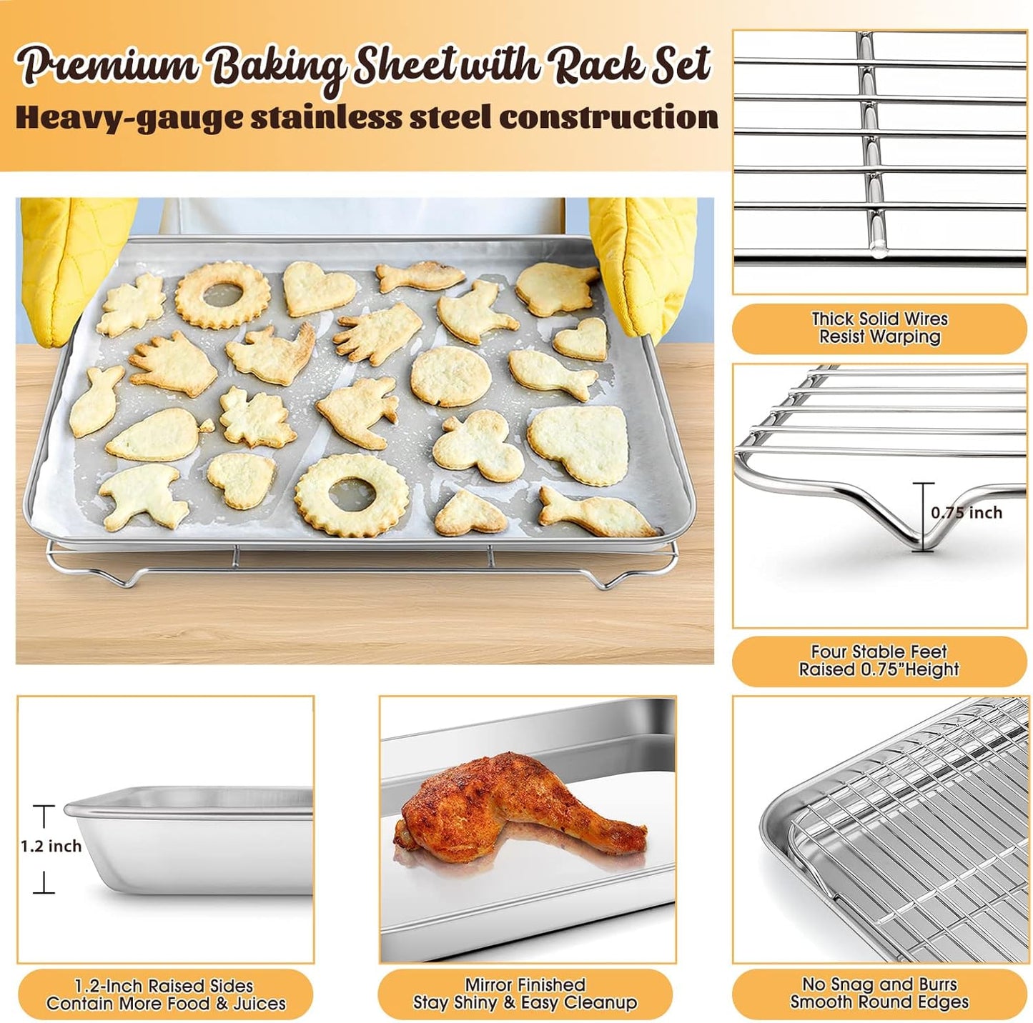 Large Baking Sheet with Rack Set, E-far 20”x14” Stainless Steel Cookie Sheet Pan for Oven Cooking Roasting, Rimmed Metal Tray with Wire Cooling Rack for Bacon Meat Steak - Dishwasher Safe